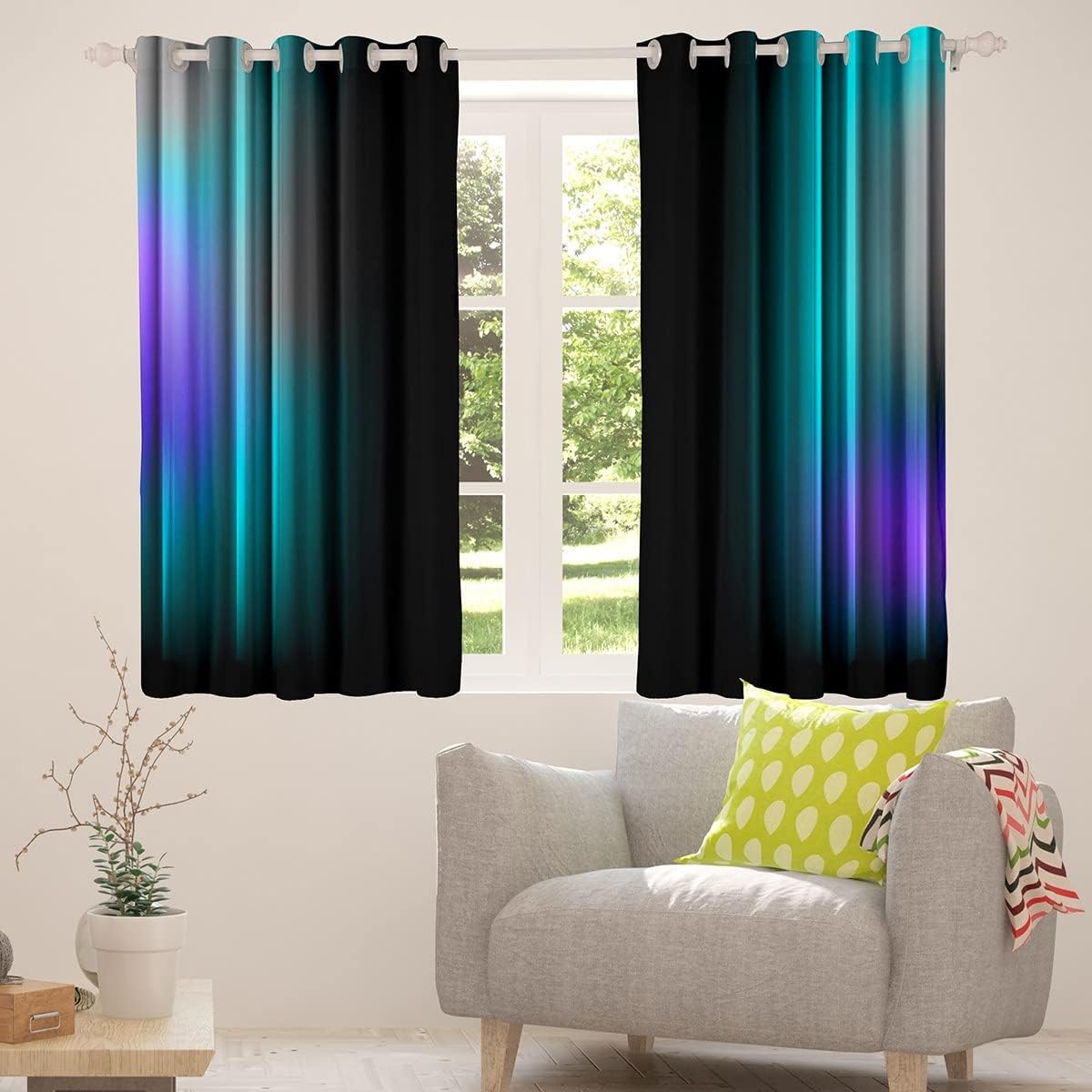 Cortinas geométricas abstractas degradadas para adolescentes, color verde azulado y azul, gris, negro, a rayas, para dormitorio, sala de estar,