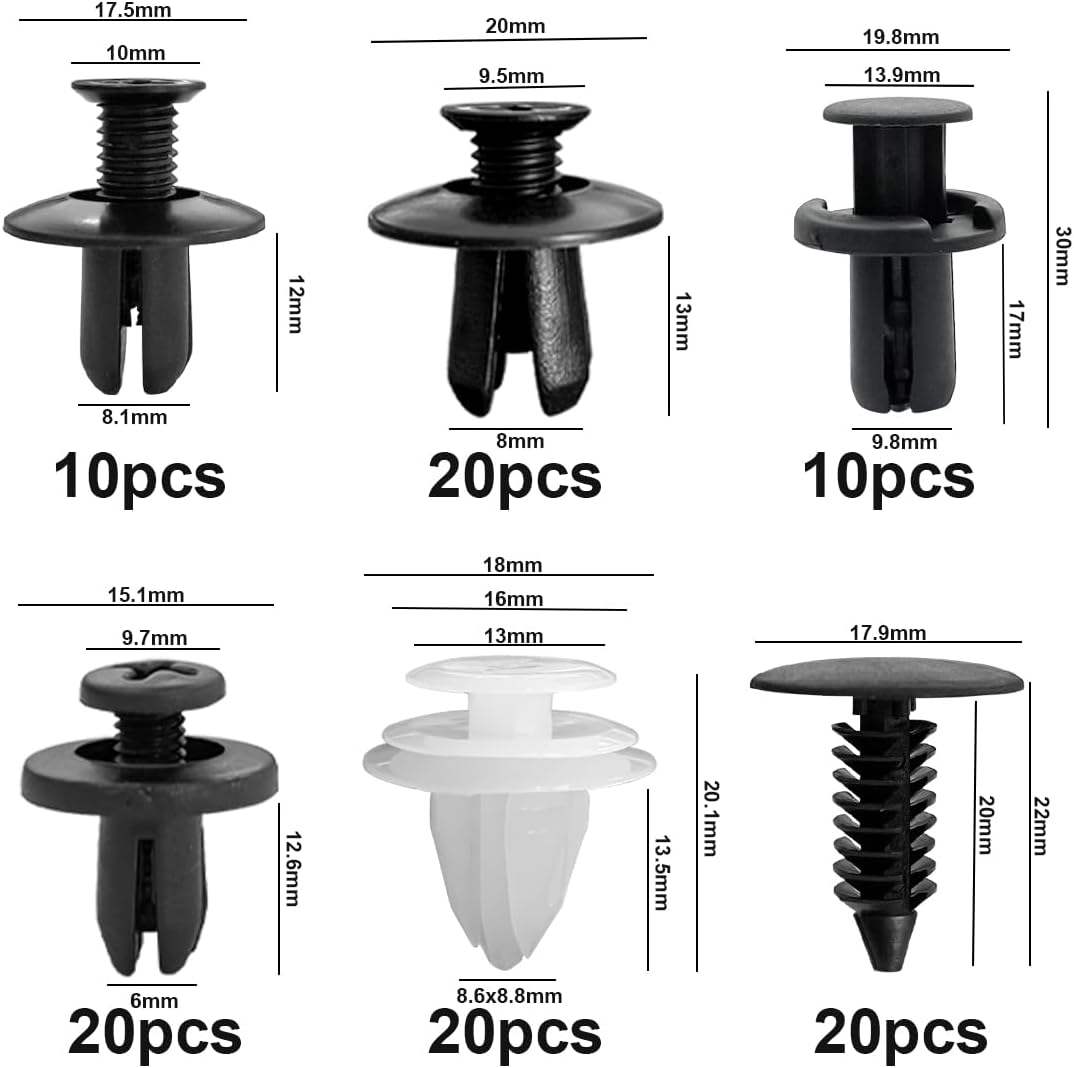 AUCELI 100 clips de retención de parachoques de automóvil, kit de clips de remache de plástico para automóviles, 6 tamaños de remaches de empuje