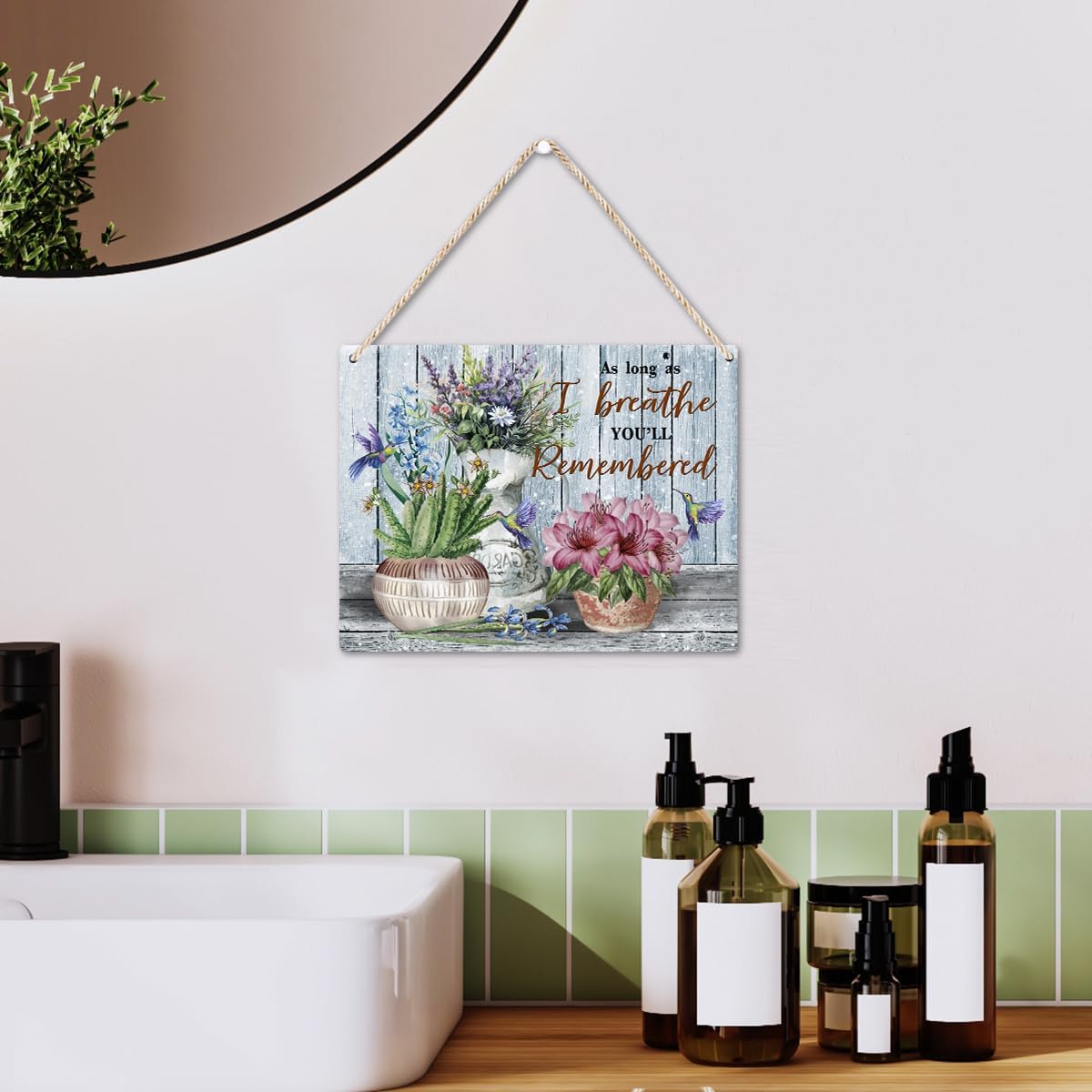 Flor de acuarela inspiradora en jarrón, decoración del hogar, colibrí, rústico, floral, decoración de pared, placa colgante de madera, letrero de