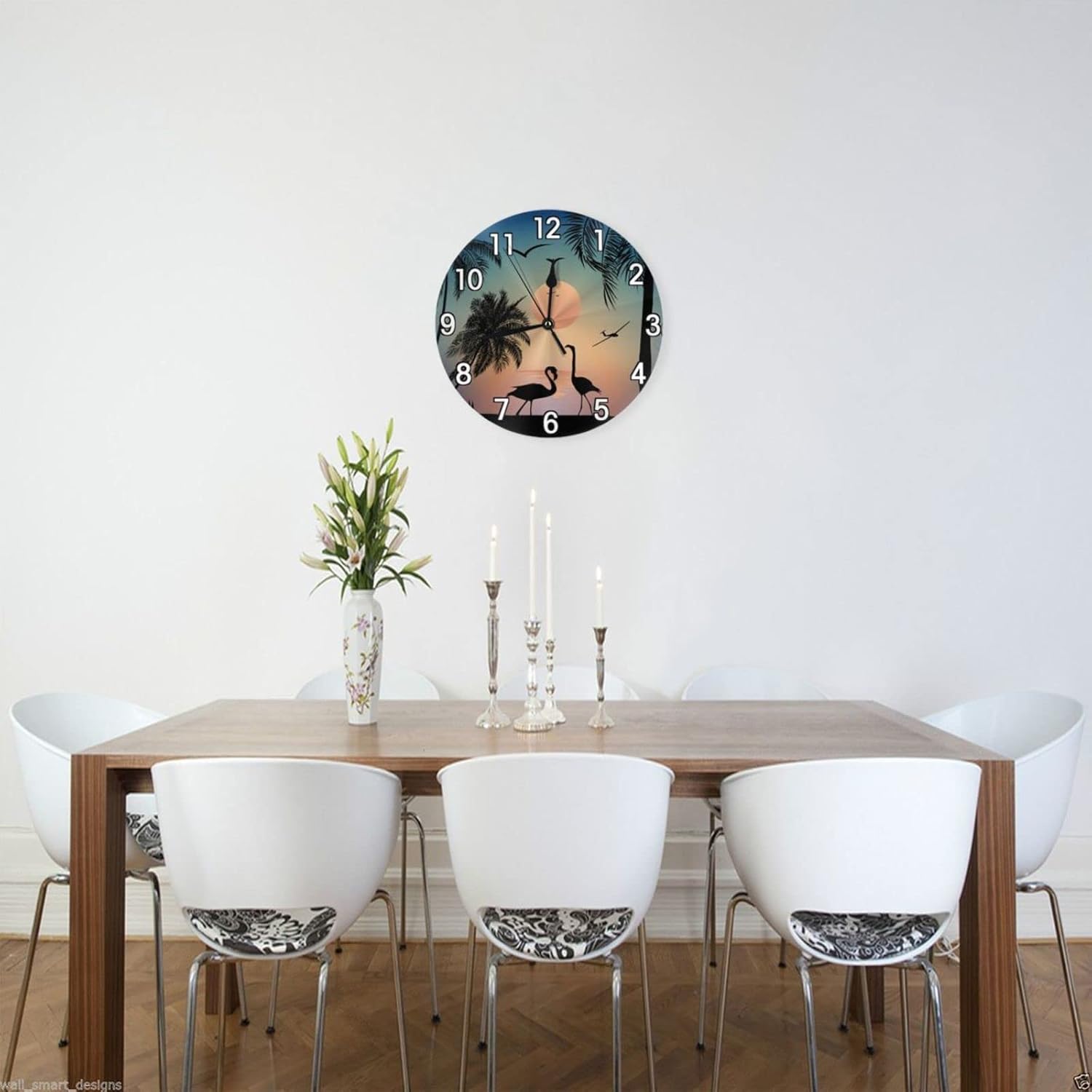 Flamingos Walk on the Sea Beach – Reloj de pared con pilas, reloj redondo silencioso para decoración de pared para el hogar, oficina, escuela, 12