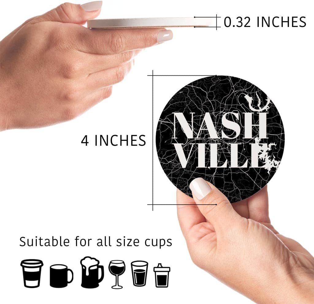 Minimalista B&W Tennessee Nashville Map, Joyride Home Decor, 4 posavasos de cerámica, posavasos circulares de 4 pulgadas, juego de 4, parte trasera