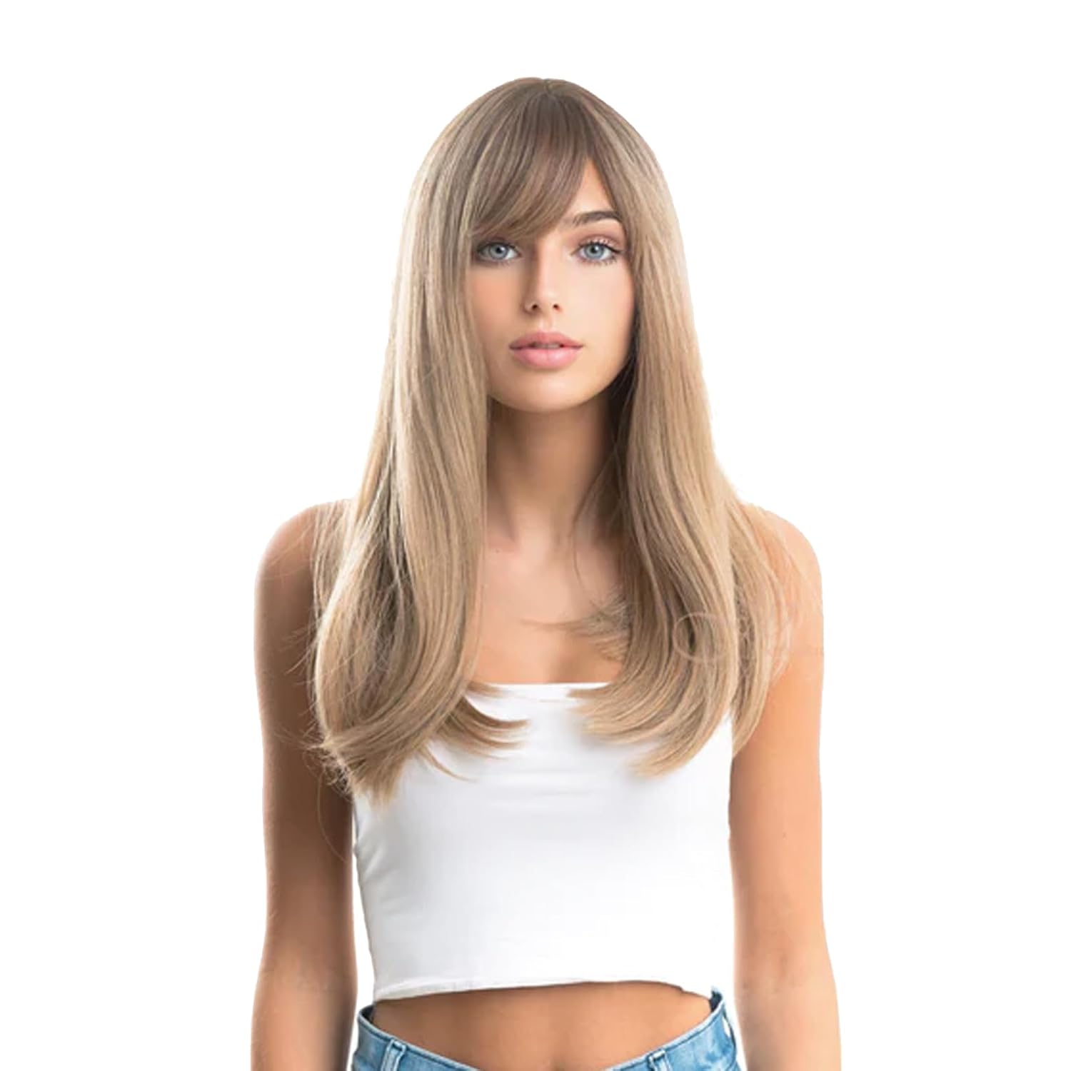 NELLY – Peluca de cabello lacio con flequillo completo, sin pegamento, para mujer, pelucas sintéticas naturales para uso diario (pelucas de cabello
