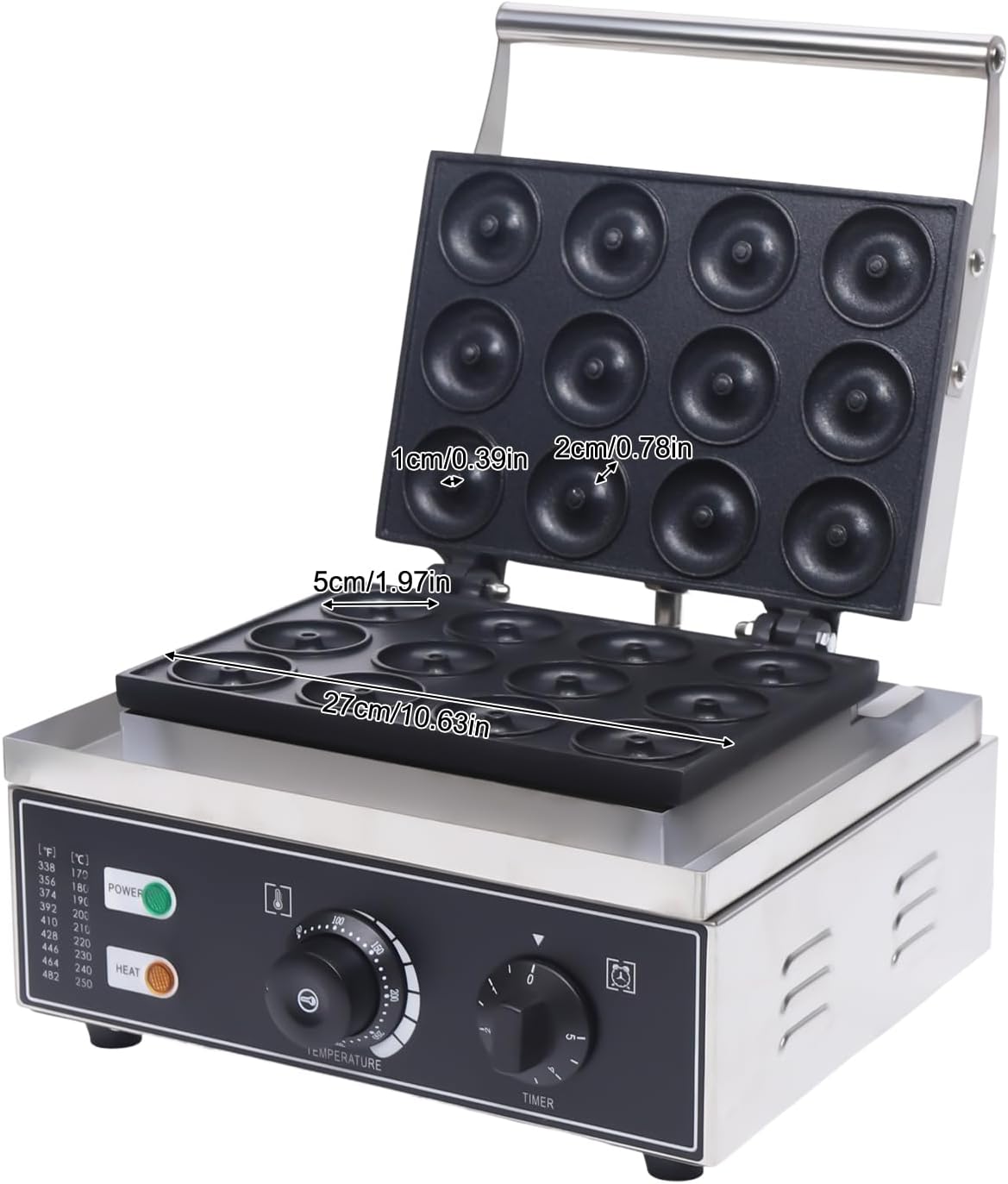 Máquina eléctrica para hacer donas de 110 V 1500 W, 12 piezas de acero inoxidable para hacer donas, máquina de panqueques de aluminio con capa de
