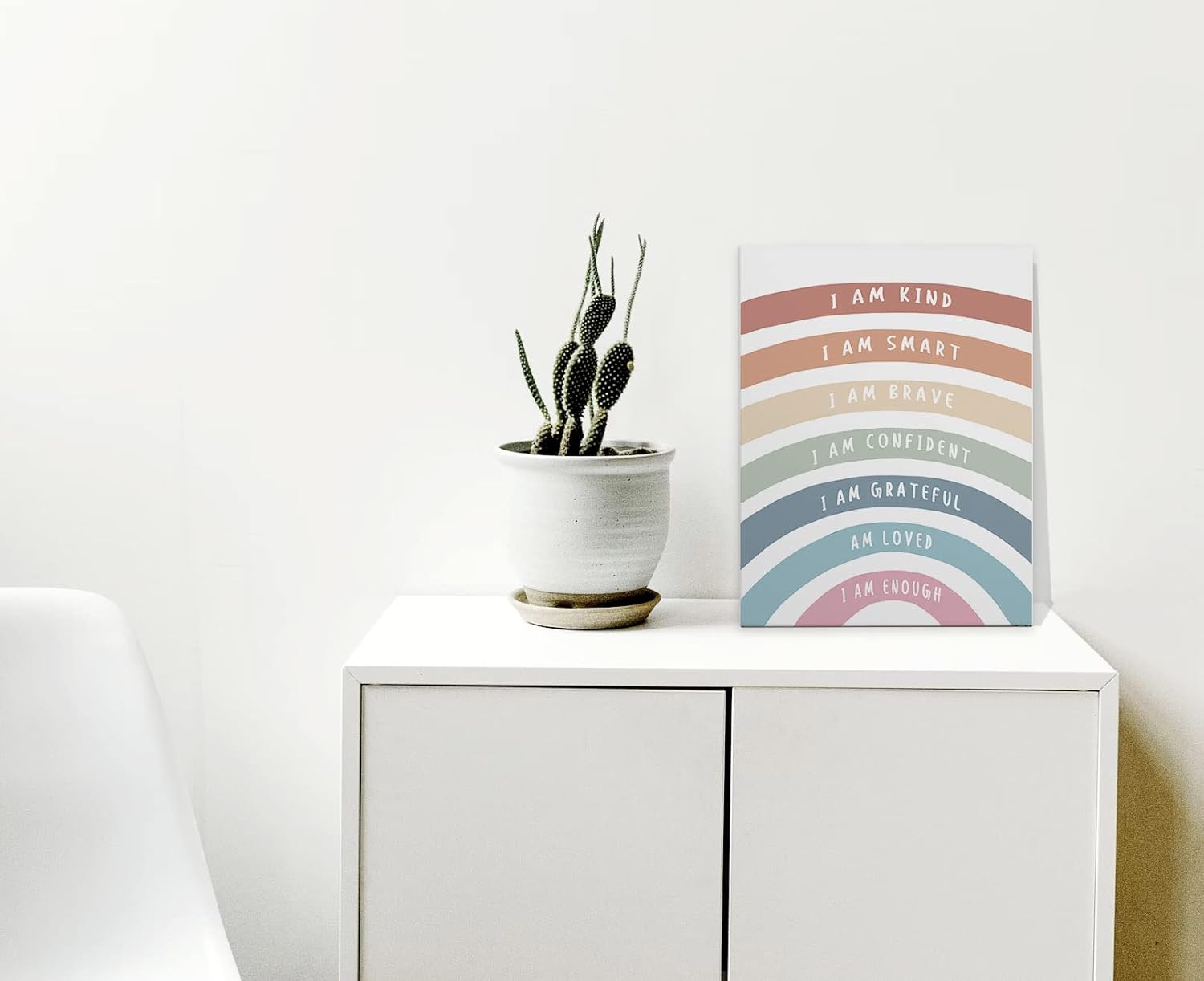 Lienzo enmarcado con texto en inglés “I Am Kind Smart Brave Positive Affirmations – Decoración de pared de 11 x 14 pulgadas, diseño bohemio de arco