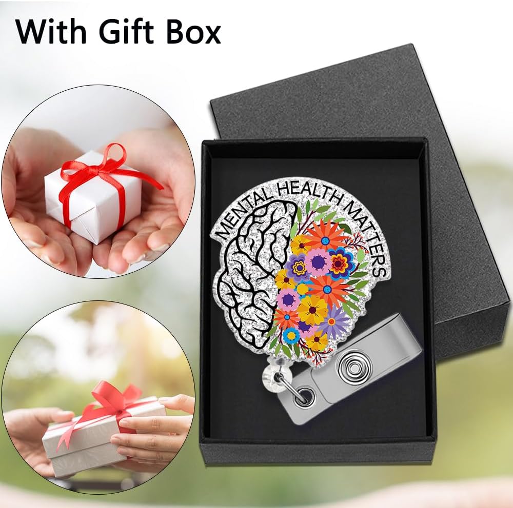 XQLZY Mental Health Matters – Carrete retráctil plateado con clip de cocodrilo y caja de regalo, divertido soporte para tarjeta de identificación de
