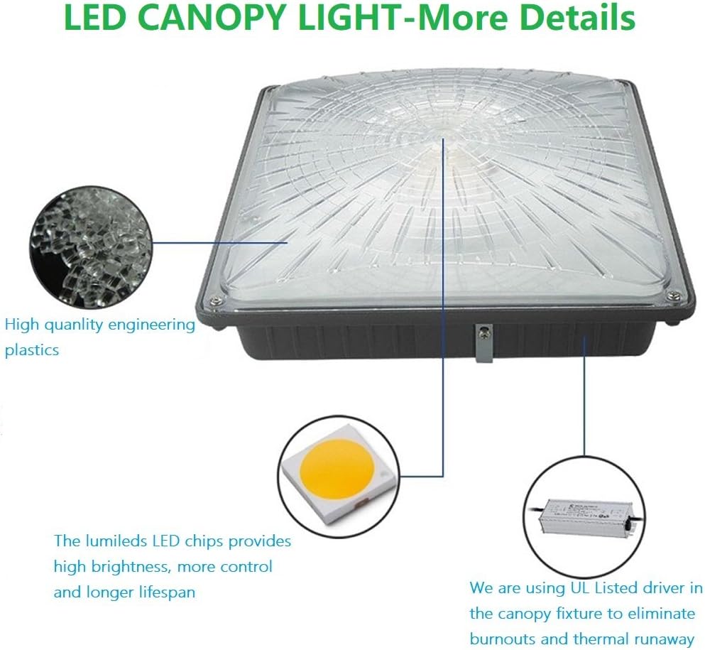 1000LED Paquete de 4 luces LED para toldo, 65 W, lámparas de techo de 8000 lúmenes, luz diurna 5000 K, reemplazo HIDHPS de 250 W, estación de