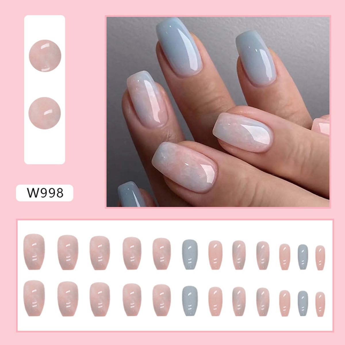 Uñas postizas medianas a presión de ataúd, uñas postizas azules con diseño degradado rosa, uñas postizas acrílicas de cobertura completa, uñas