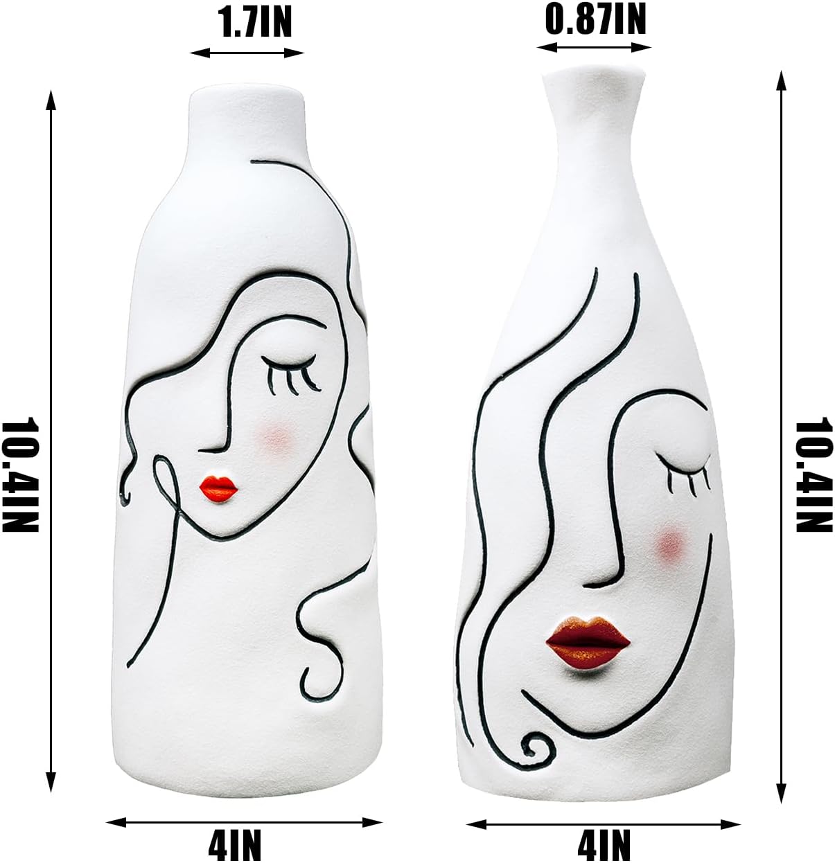 SANFERGE Juego de 2 jarrones de cerámica, color blanco mate con forma femenina con grabado de línea negra, cabeza de cara con colorete y labios
