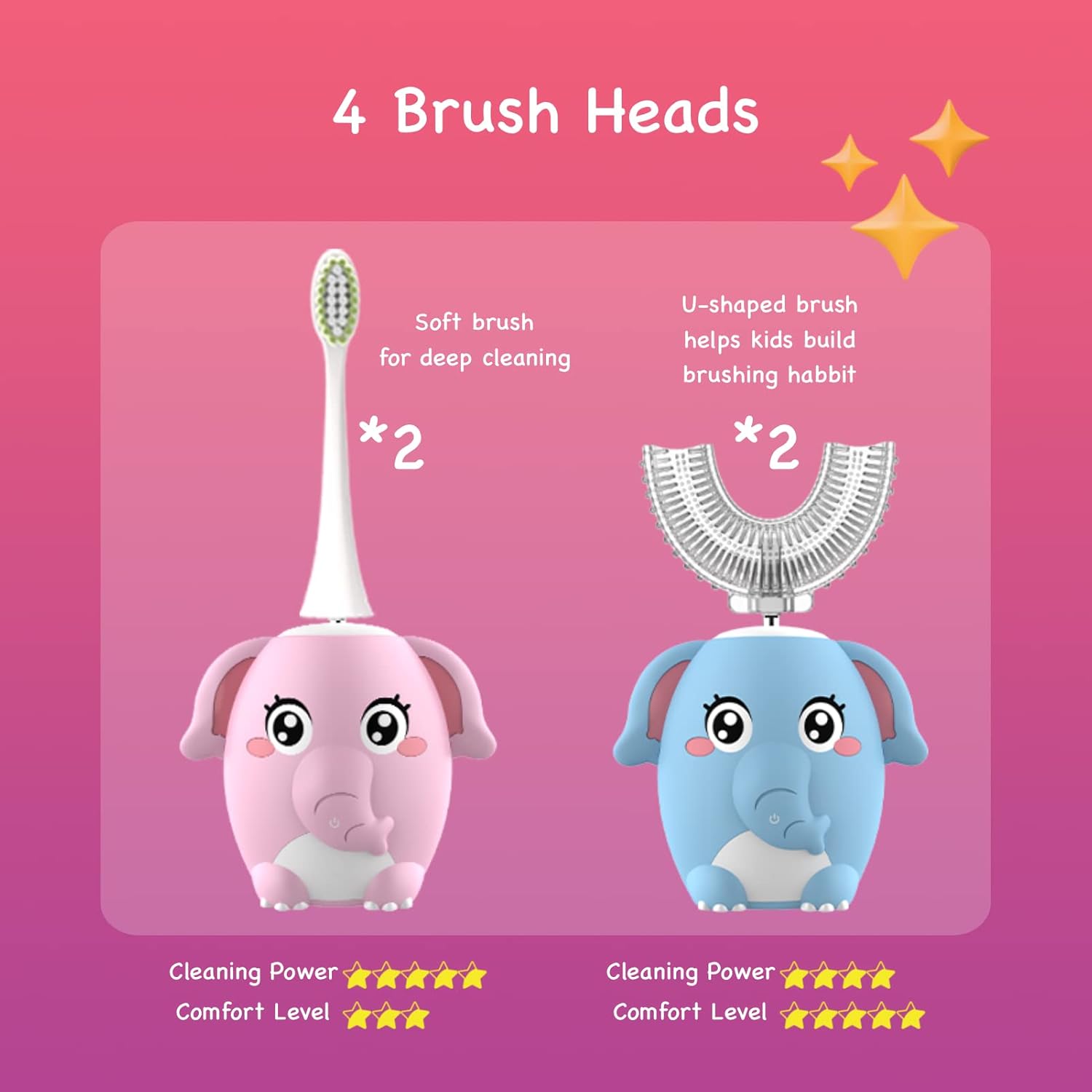 Cepillos de dientes eléctricos para niños, en forma de U, cepillo automático sónico para niños con 4 cabezales de cepillo, 6 modos de limpieza,