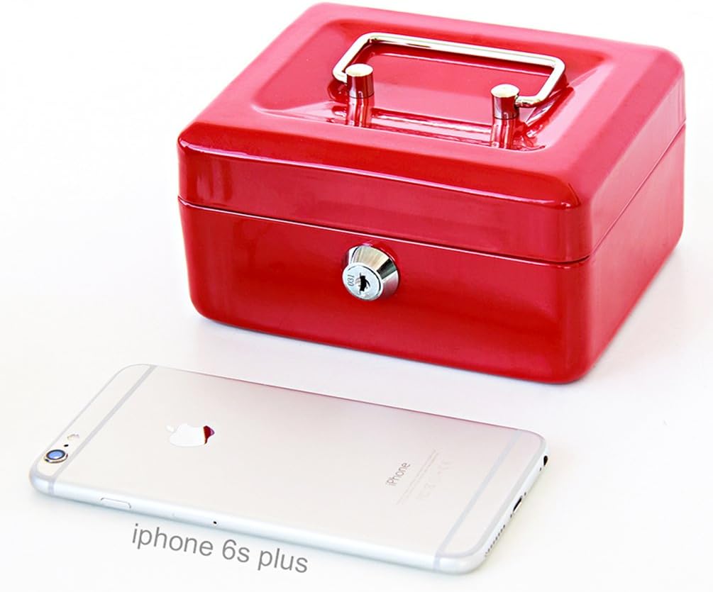 Decaller – Caja de efectivo pequeña con cerradura de llave, portátil de metal con doble capa y 2 llaves para seguridad, rojo, 15,7 x 12,7 x 7,62 cm,