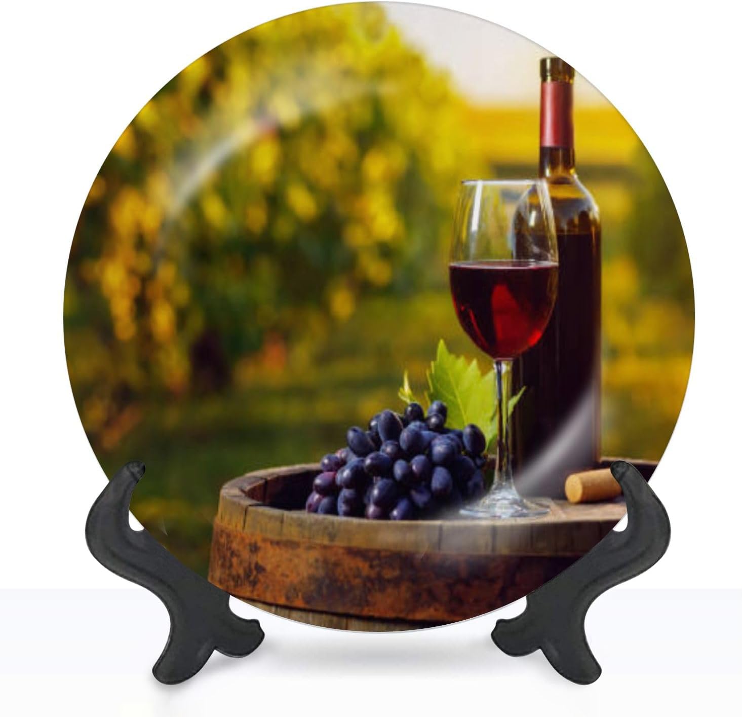 Placa de cerámica para colgar en la pared, copa de vino tinto, uva, barril de madera, pintura de viñedo, placa decorativa, plato de porcelana para