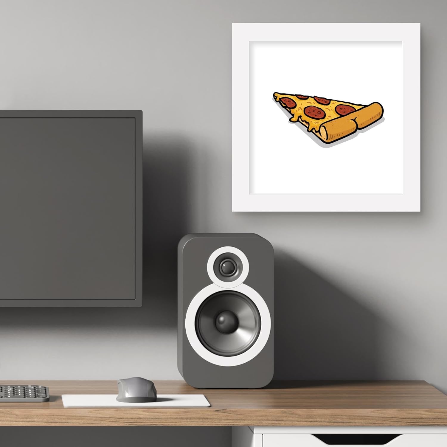 Trends International Gallery Pops Brian Cook Butts On Things – Póster de pared de pizza, 12.00 x 12.00 pulgadas, versión de marco blanco