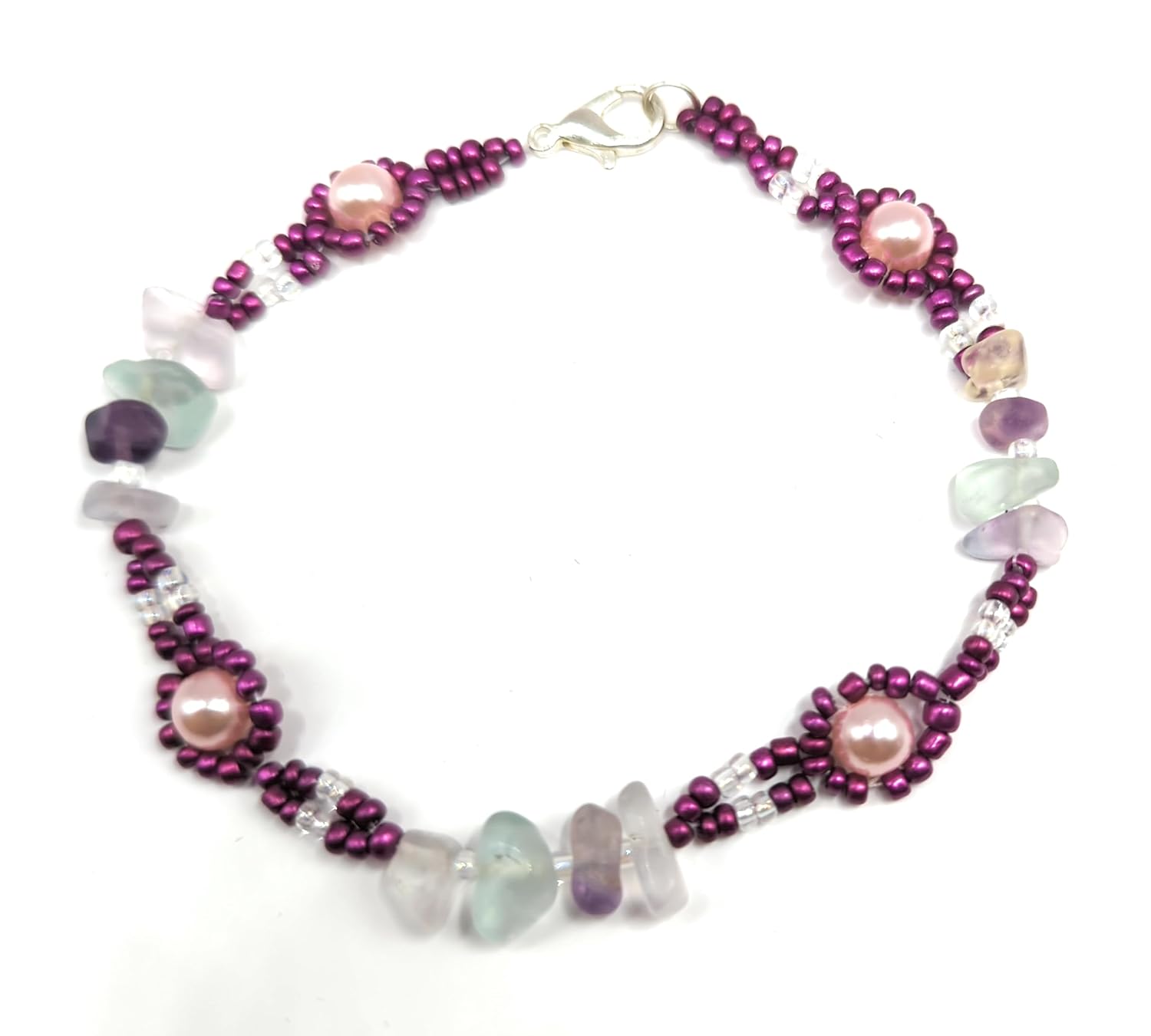 Elegange brazalete para dama hecho a mano de perlas fantasia, cuentas de vidriol y cristales de 8″ de largo, ideal para regalo, se envía empaque