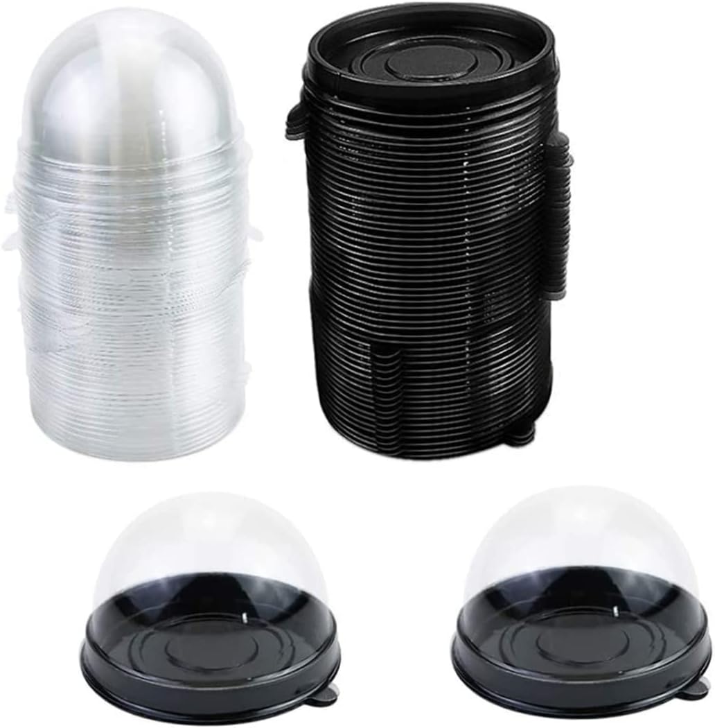 Caja de embalaje Mini contenedor para tartas Mooncake Dome Box Muffin Pod Holder Plástico transparente individual con base negra, 50 unidades