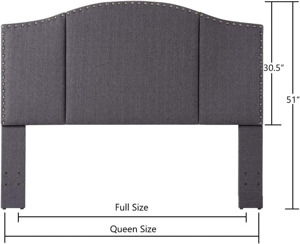 24KF Middle Century – Cabecera capitonada tapizada en lino con clavos de latón antiguo, cabecera Queen  Matrimonial, color gris oscuro