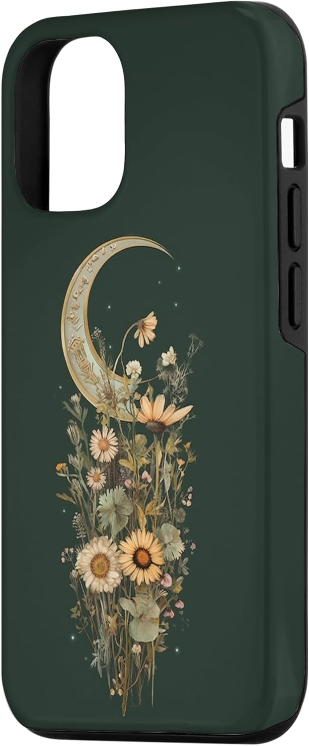 Funda Boho Moon Wildflower Floral on Sage Green Background para iPhone 13