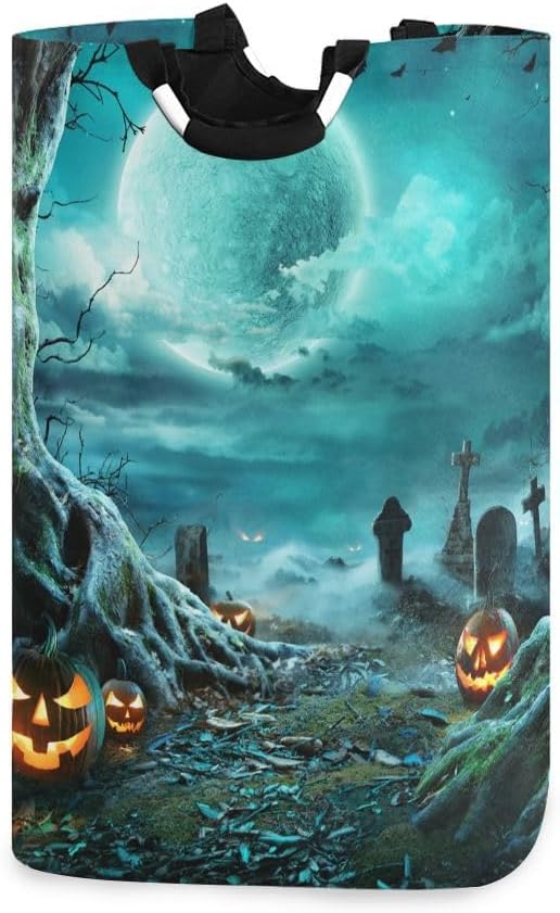 Cesta grande de noche espeluznante de Halloween con luna llena, bolsa de lavandería plegable, con asas para lavandería, dormitorio, decoración del