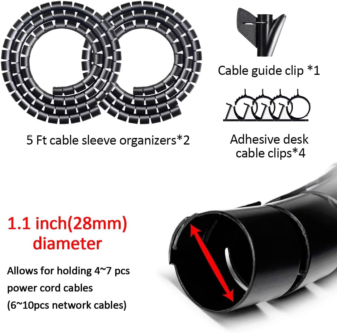 Funda grande de tubo de organización de cables de policarbonato para debajo del escritorio, organizador de cables para cables, 2 unidades, color