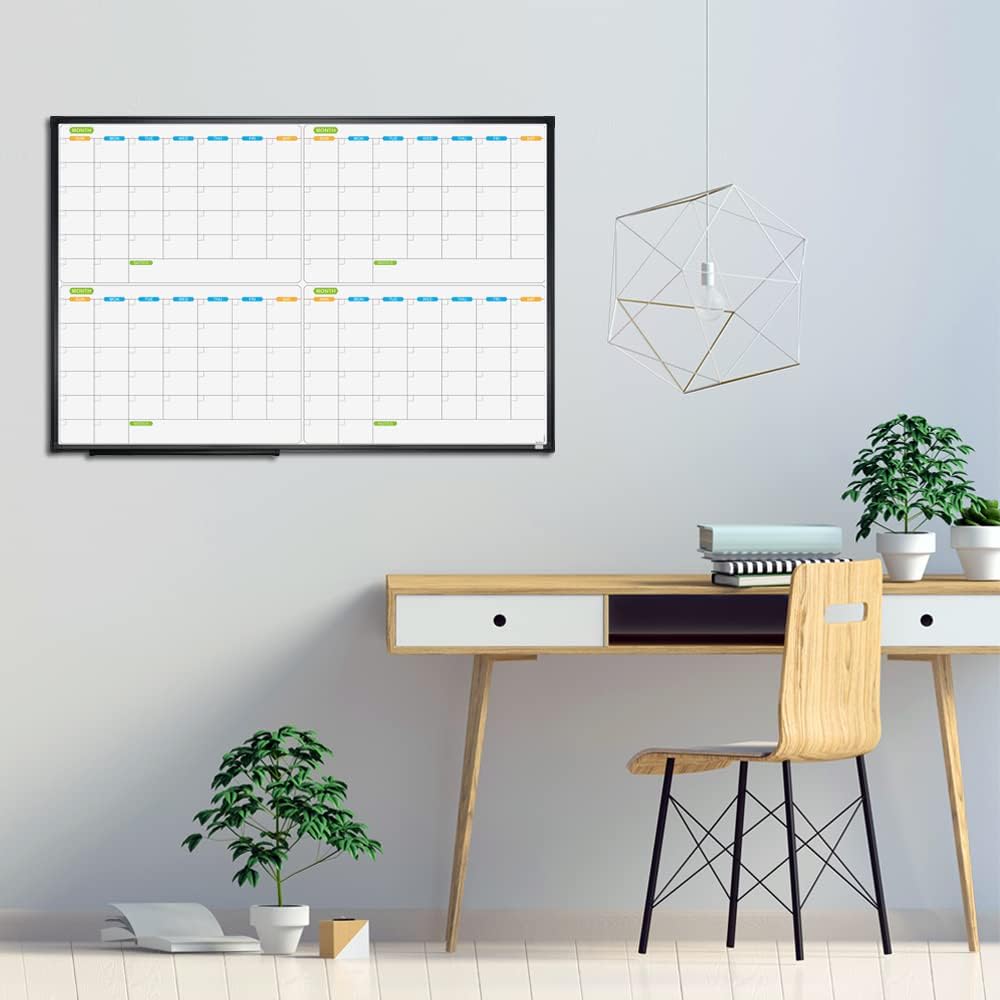 JILoffice Calendario magnético de borrado en seco, pizarra blanca de 4 meses, 36 x 24 pulgadas, marco de aluminio negro, tablero montado en la pared