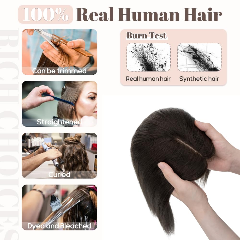 Rich Choices Toppers para el cabello para mujer, 100% cabello humano real, sin flequillo, 5.1 x 5.9 in, base de seda, clip en la parte superior de