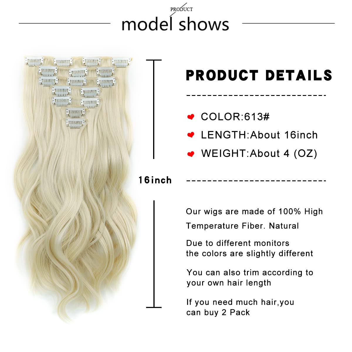 Extensiones de cabello con clip, largo, ondulado, grueso, invisible, pieza de cabello negro, fibra sintética suave de cabeza completa para mujeres,