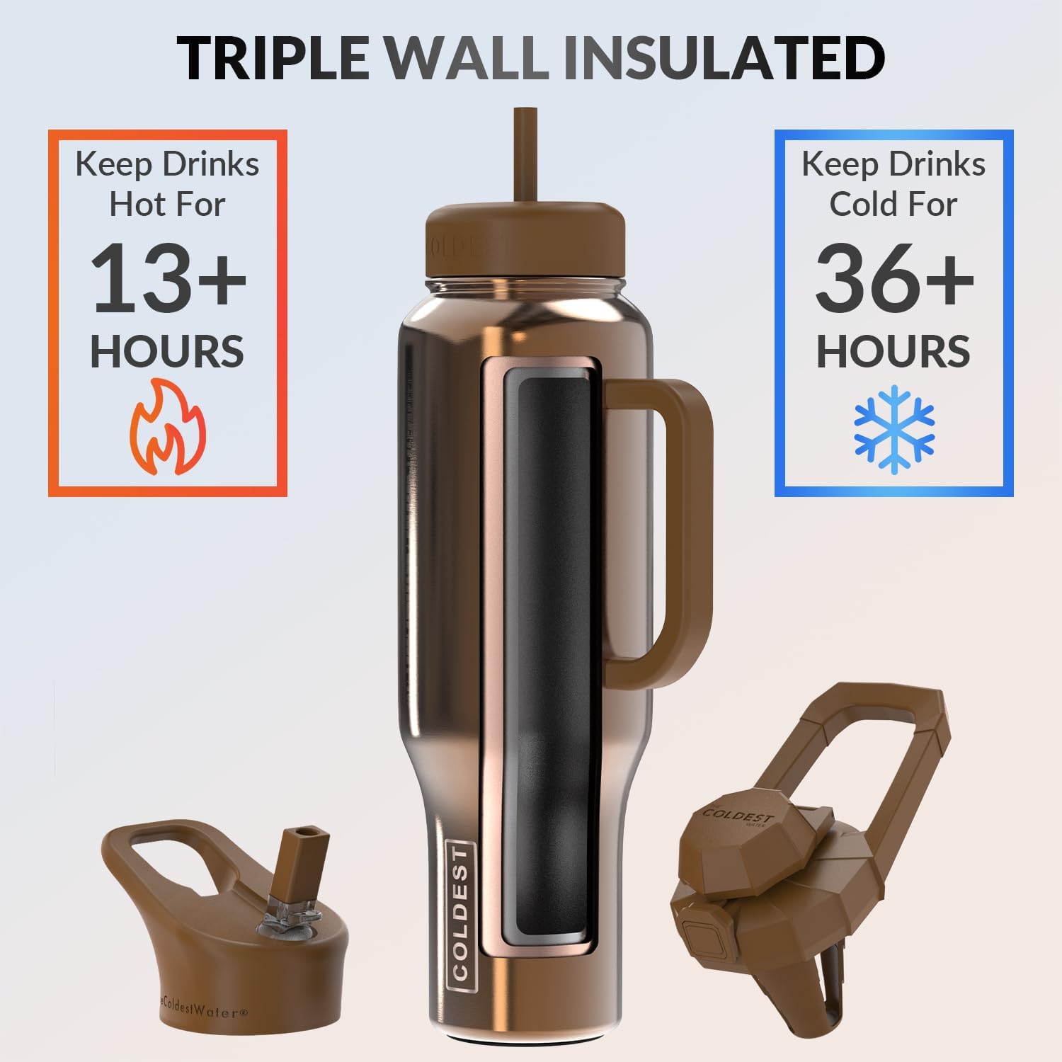 Coldest – Vaso con asa y tapa con pajilla, 3 tapas aisladas, reutilizable, de acero inoxidable, taza de viaje, regalos para mujeres, él y ella,