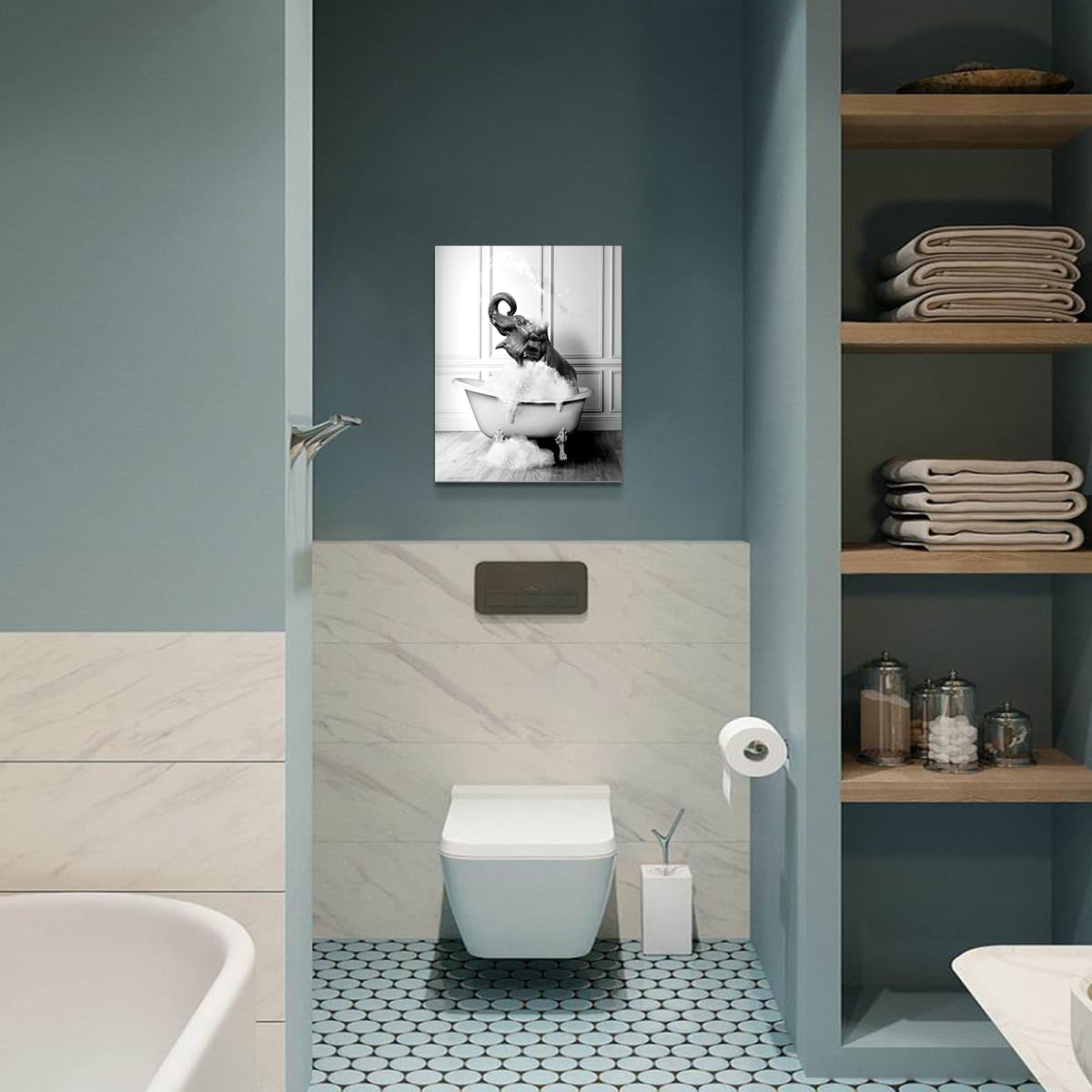 Decoración de baño de elefante, divertidas imágenes artísticas de pared de elefante para baño, lienzo blanco y negro, imágenes de baño, arte de baño