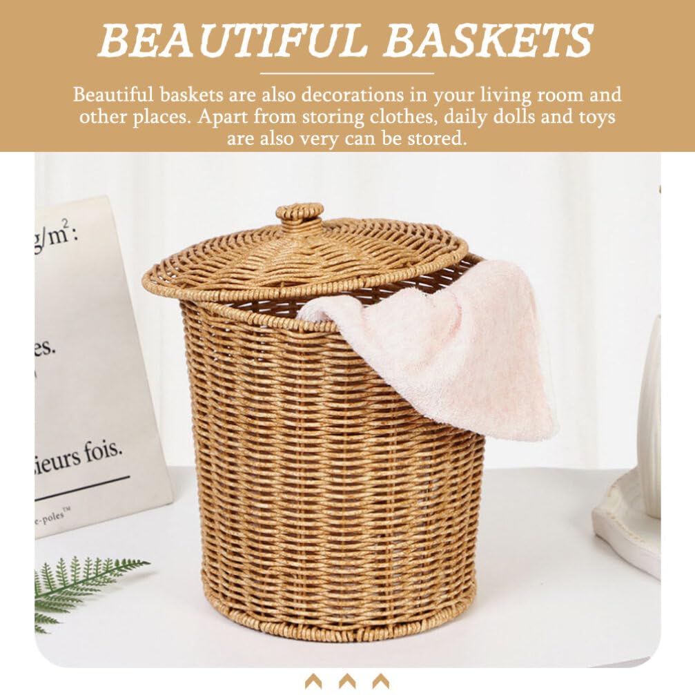 Cabilock Cesta de basura redonda de ratán con tapa, papelera tejida, papelera, contenedor de basura, contenedores de flores, macetas, cestas de