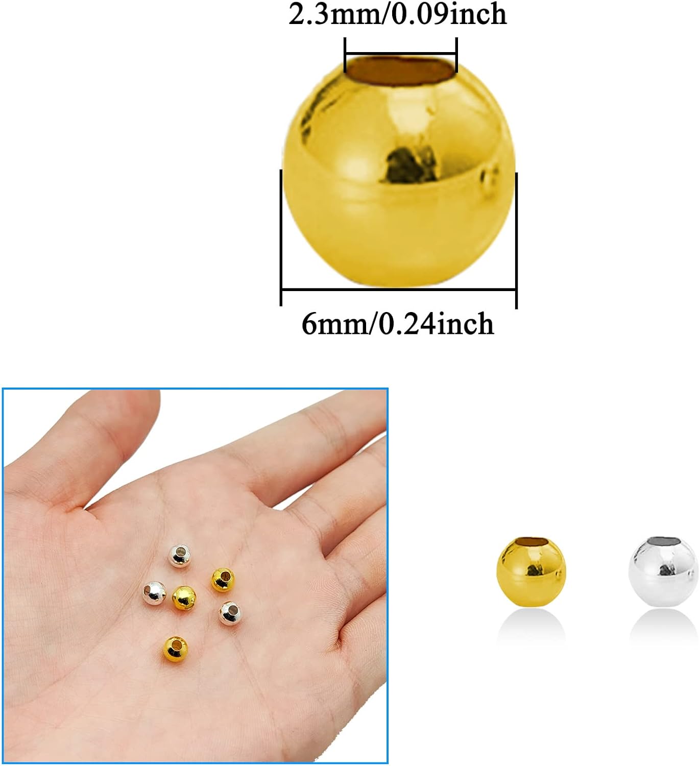 400 cuentas espaciadoras para fabricación de joyas, cuentas redondas chapadas en metal de 0.236 pulgadas, sin costuras, suaves, sueltas, cuentas de
