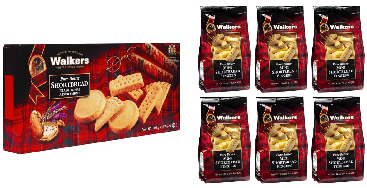 Walker’s Pure Butter Shortbread surtido tradicional (17 galletas) y mini dedos de mantequilla (paquete de 6)  Auténticas galletas de mantequilla de