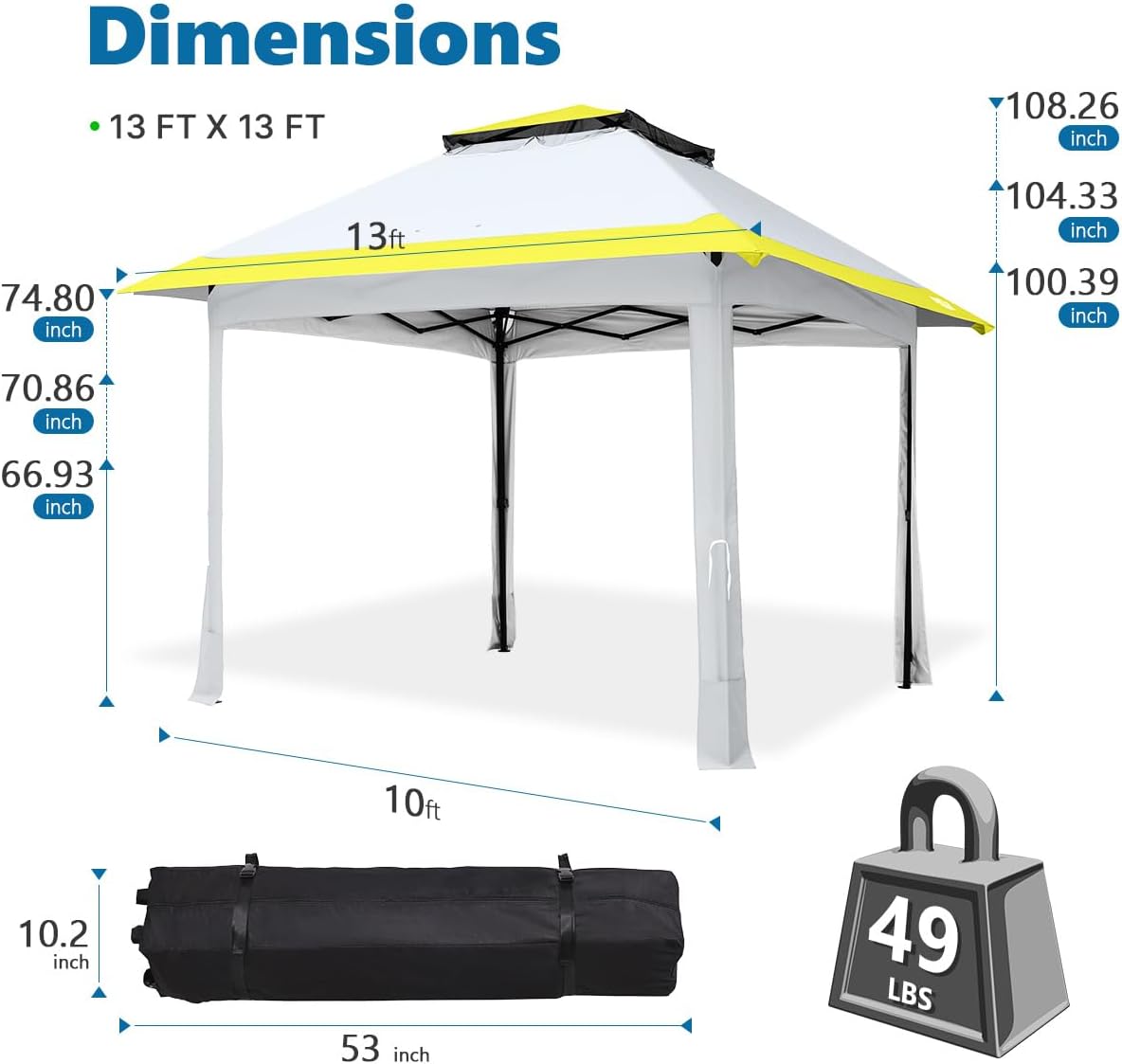 Quictent Tienda de campaña desplegable de 13 x 13 pies con 4 paredes laterales, instalación instantánea para una persona, toldo impermeable de doble