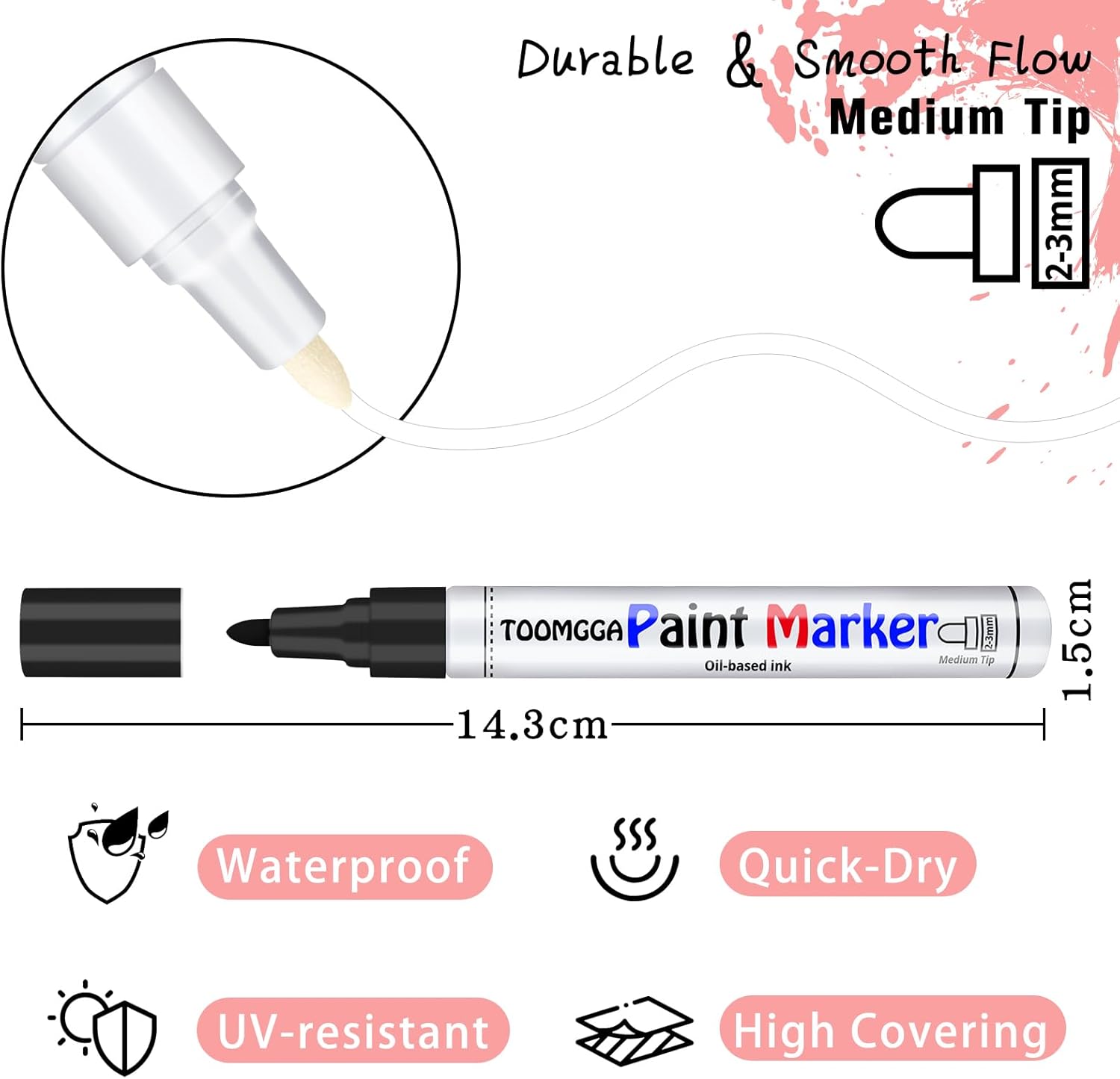 Marcadores permanentes blancos y negros, paquete de 2 marcadores de pintura a base de aceite, punta media, bolígrafos de pintura de secado rápido