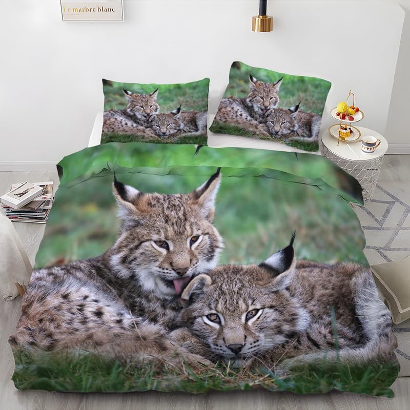 Animal Light Brown California King Duvet Cover Lynx Print Bedding Soft Microfiber Comforter Cover and 2 Pillow Shams 20″X36″, Bed Set Duvet Covers
