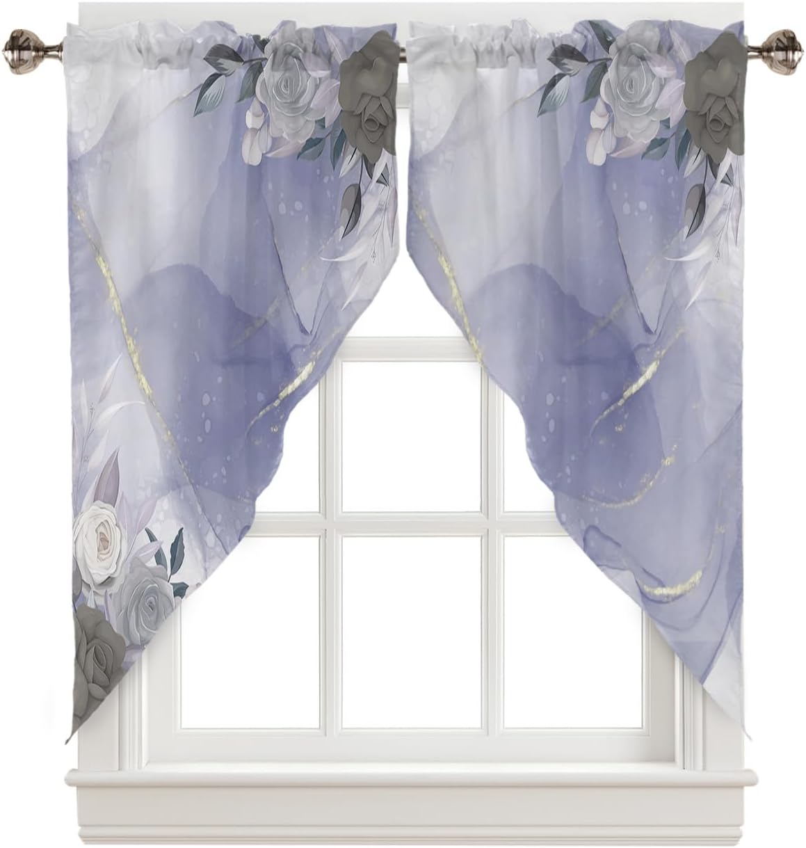 Cortina con estampado de flores en mármol morado, cenefas de cocina, cortinas con bolsillo para barra, par de niveles, con estampado floral de