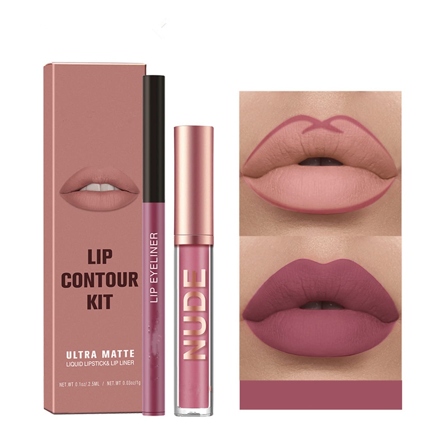 Melemando Kit de 2 lápices labiales líquidos mate y delineador de labios, kit de maquillaje de labios en un solo paso, impermeable, de larga
