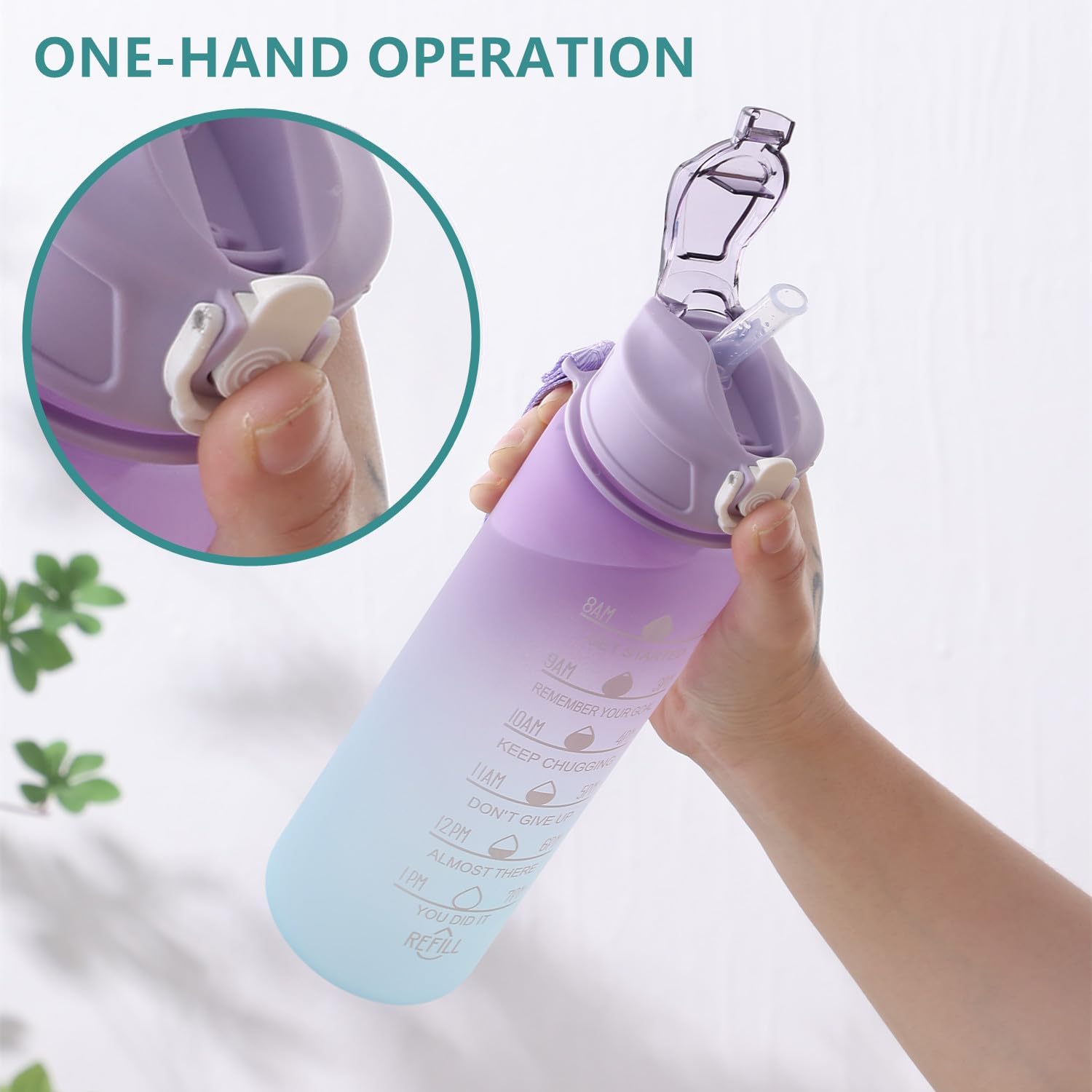 KITNOBLIS Botella de agua de 24 onzas con tiempos para beber y pajita, botellas de agua motivacionales con correa de transporte, a prueba de fugas