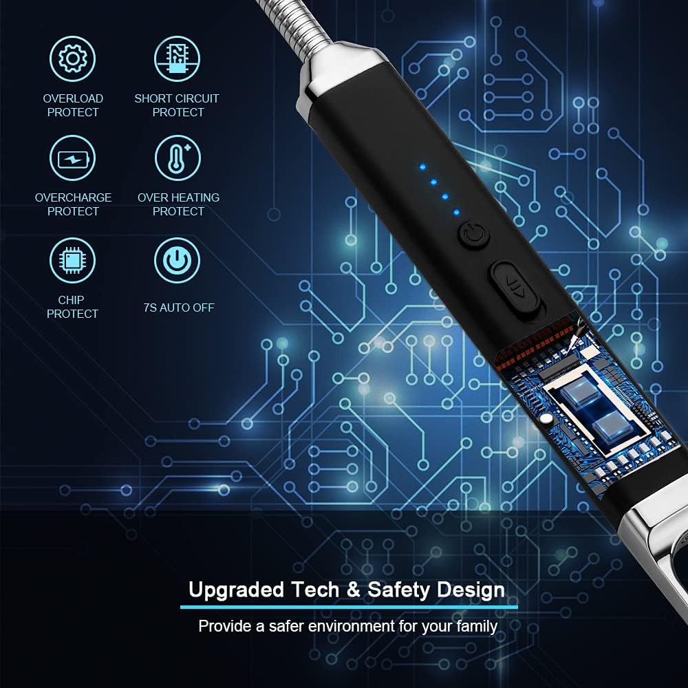 SUPRUS Encendedor USB recargable de arco eléctrico con interruptor de seguridad, cuello flexible de 360, parrilla sin llama, encendedores largos