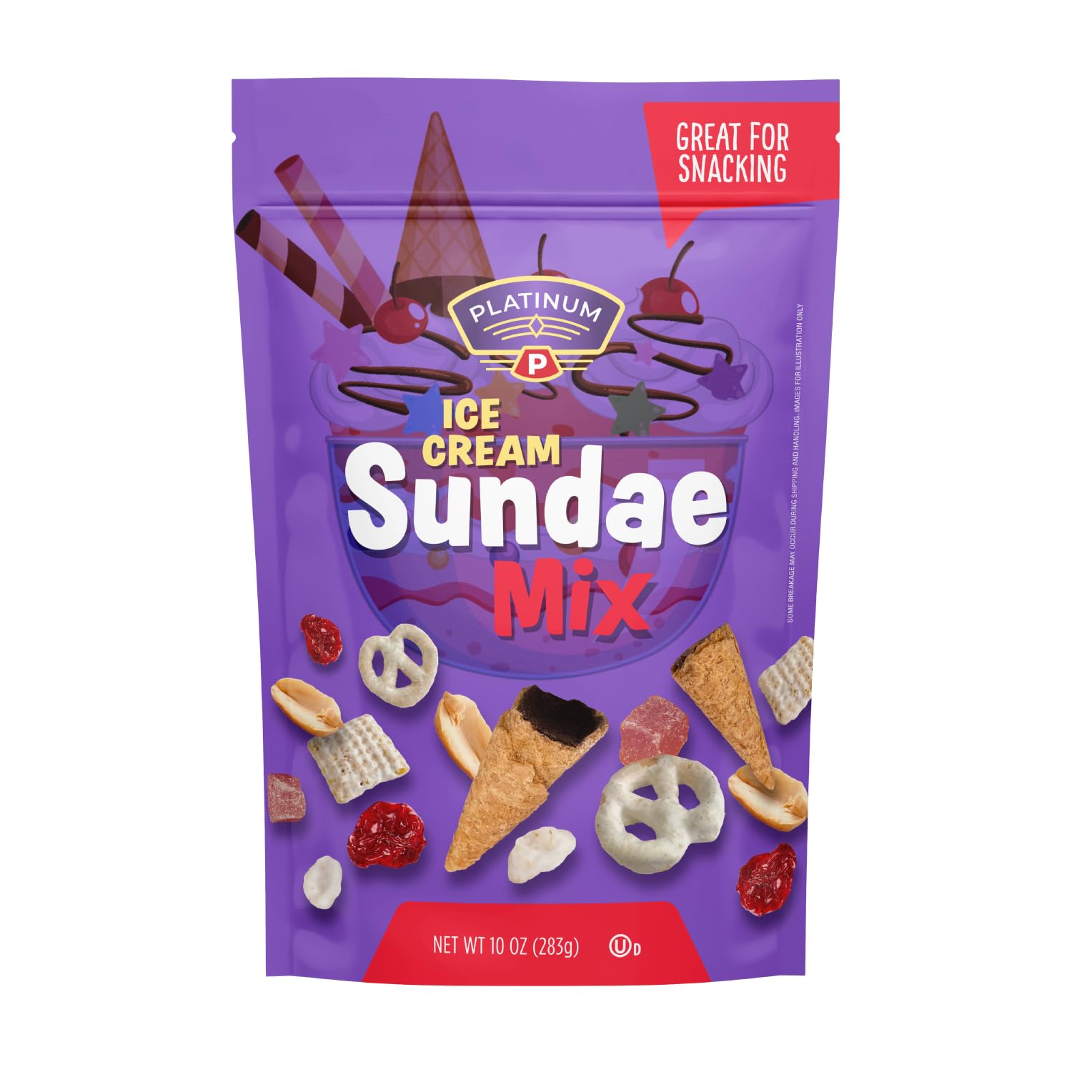 Platinum – Ice Cream Sundae Mix 10 oz  Mezcla de frutos secos y frutas secas con conos de gofres de chocolate, pretzels de yogur, avena, arándanos,