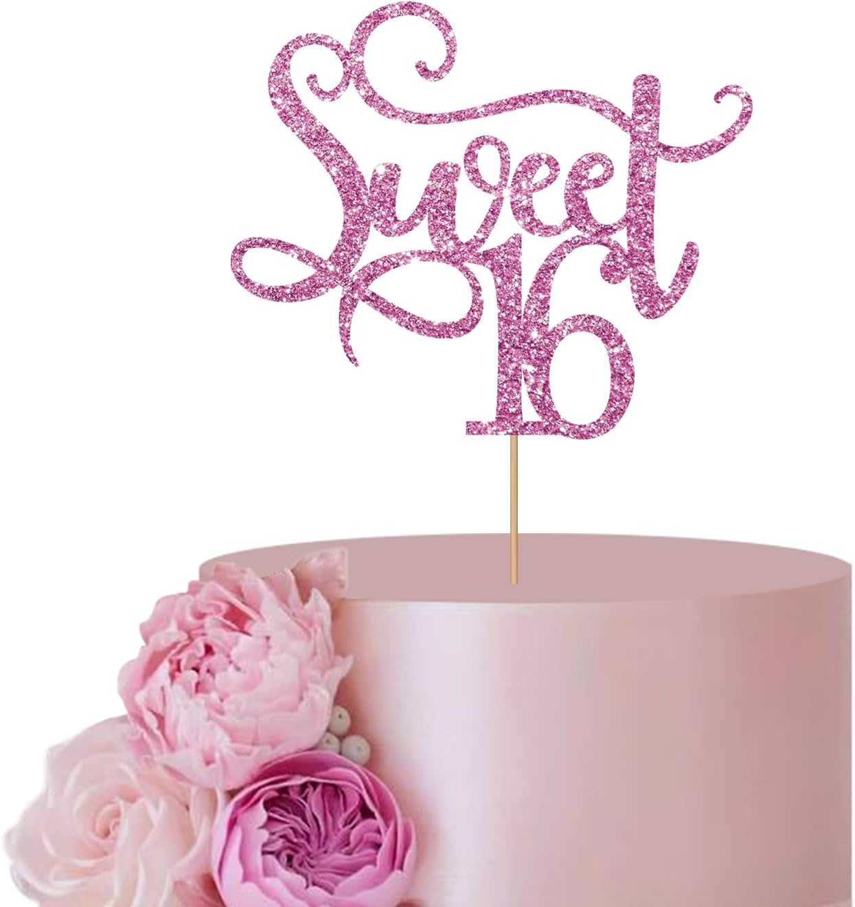 Decoración para tartas Pink Sweet 16, decoración para tarta de cumpleaños de 16 años con purpurina, decoración para tartas de 16 años de edad de