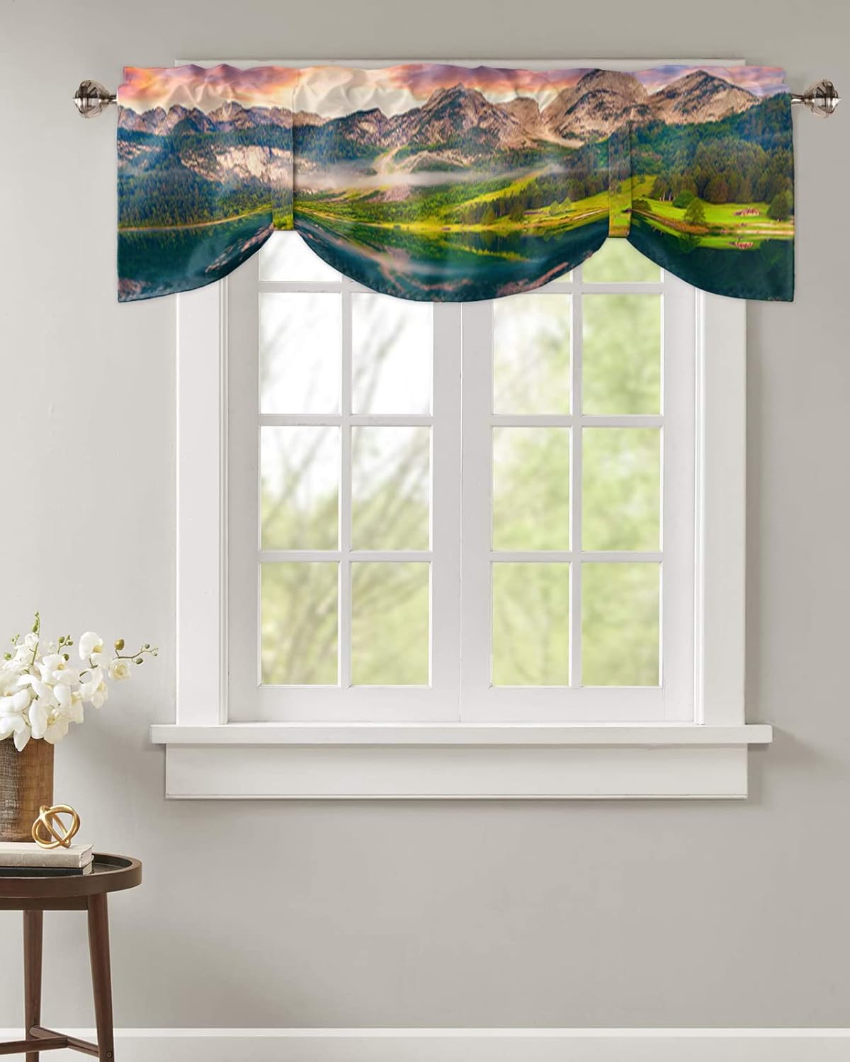 Valances for Windows, Natural Landscape Scenery Beautiful Dreamy Sundown Sunset Lake Tie Up Valance Curtains Light Filtering Adjustable Window