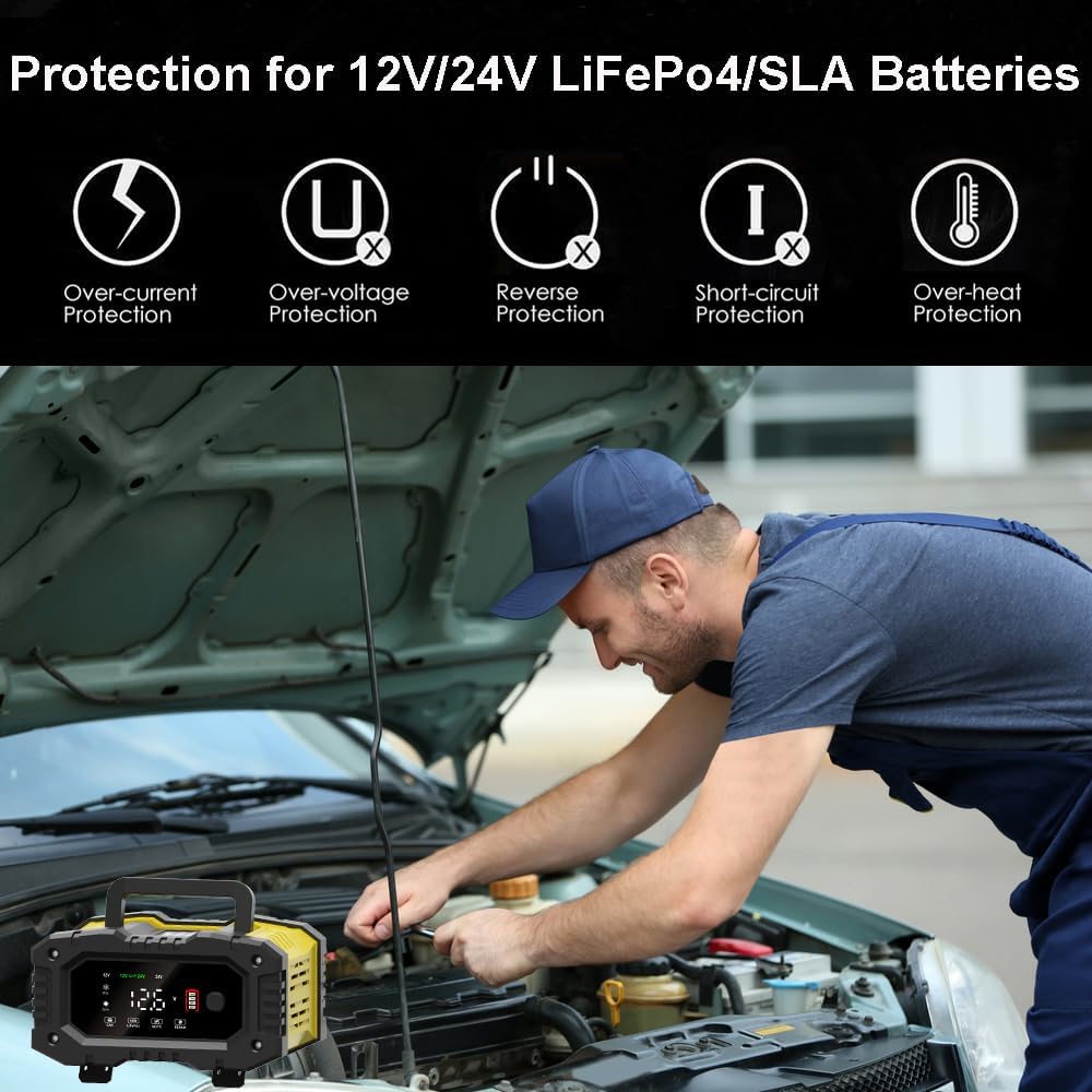 Cargador de batería de coche de 10 amperios, LiFePO4plomo-ácido de 12 V y 24 V (AGMGelSLA..) Cargador de batería automotriz, mantenedor de batería,