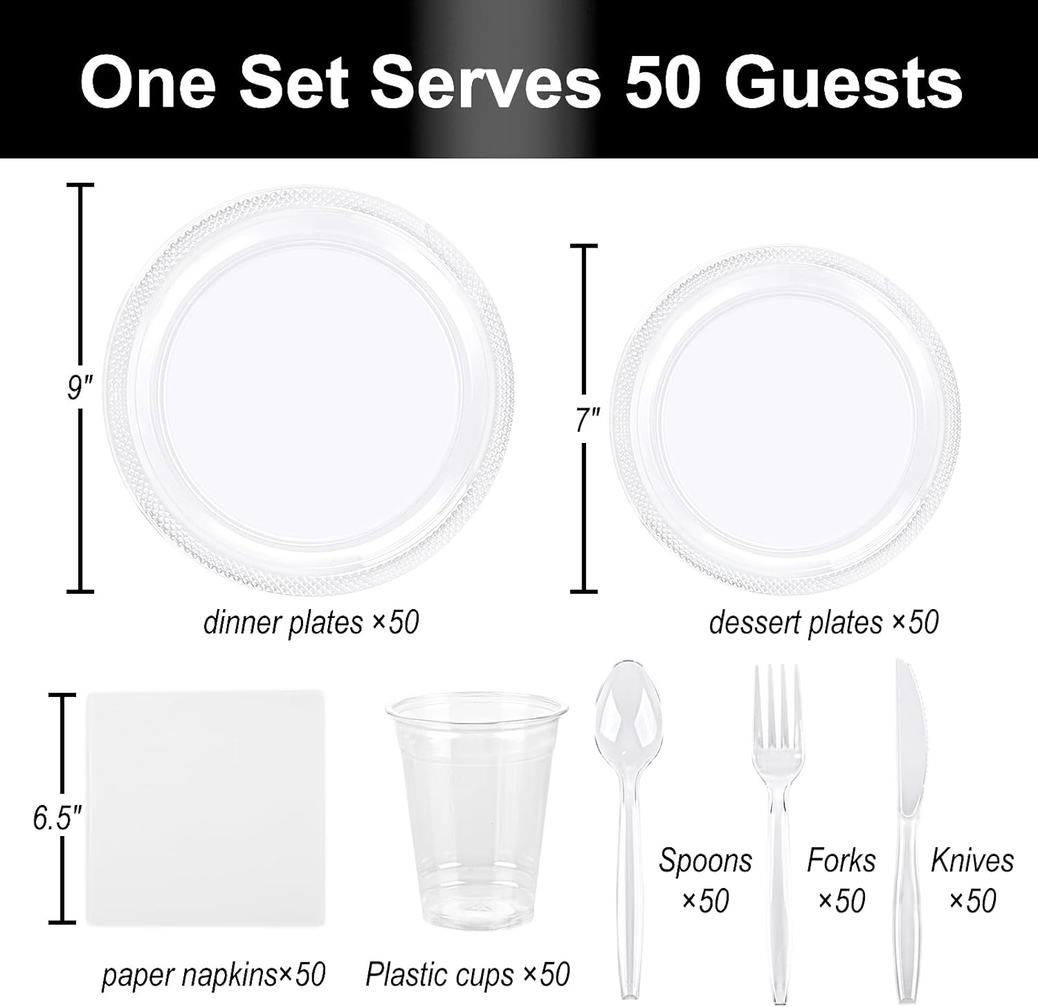 TWOWYHI 350 piezas de plástico transparente para 50 invitados, juego de vajilla de plástico transparente de 9 pulgadas y 7 pulgadas, platos de cena