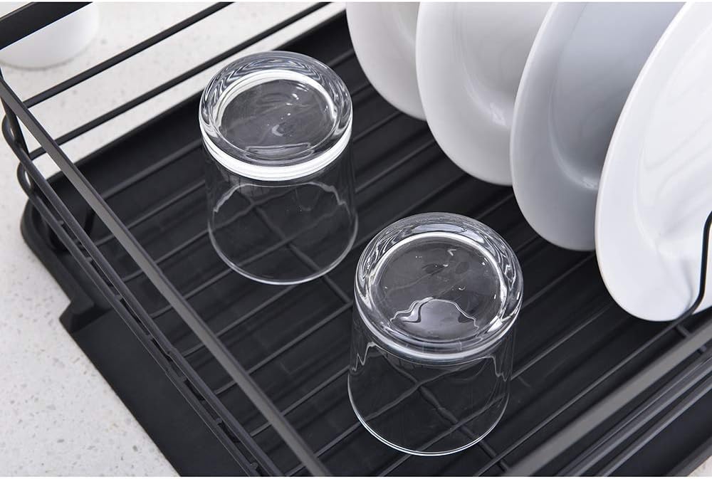Escurridor de platos, estante grande para secar platos de cocina, estante de platos de metal, estante de secado con escurridor negro, caja de