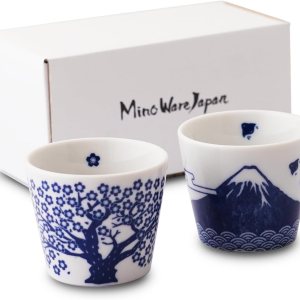 Juego de 2 tazas de sake japonesas – Sakura y Monte Fuji Design, cerámica de color índigo, 3.9 onzas líquidas, para bebidas frías y calientes, taza Juego de 2 tazas de sake japonesas – Sakura y Monte Fuji Design, cerámica de color índigo, 3.9 onzas líquidas, para bebidas frías y calientes, taza