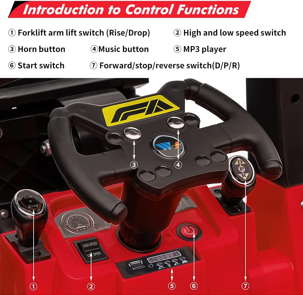 Carretilla elevadora de 12 V, coche eléctrico de construcción con control remoto, horquilla y palet elevable, 2 velocidades, música, USB, MP3 y