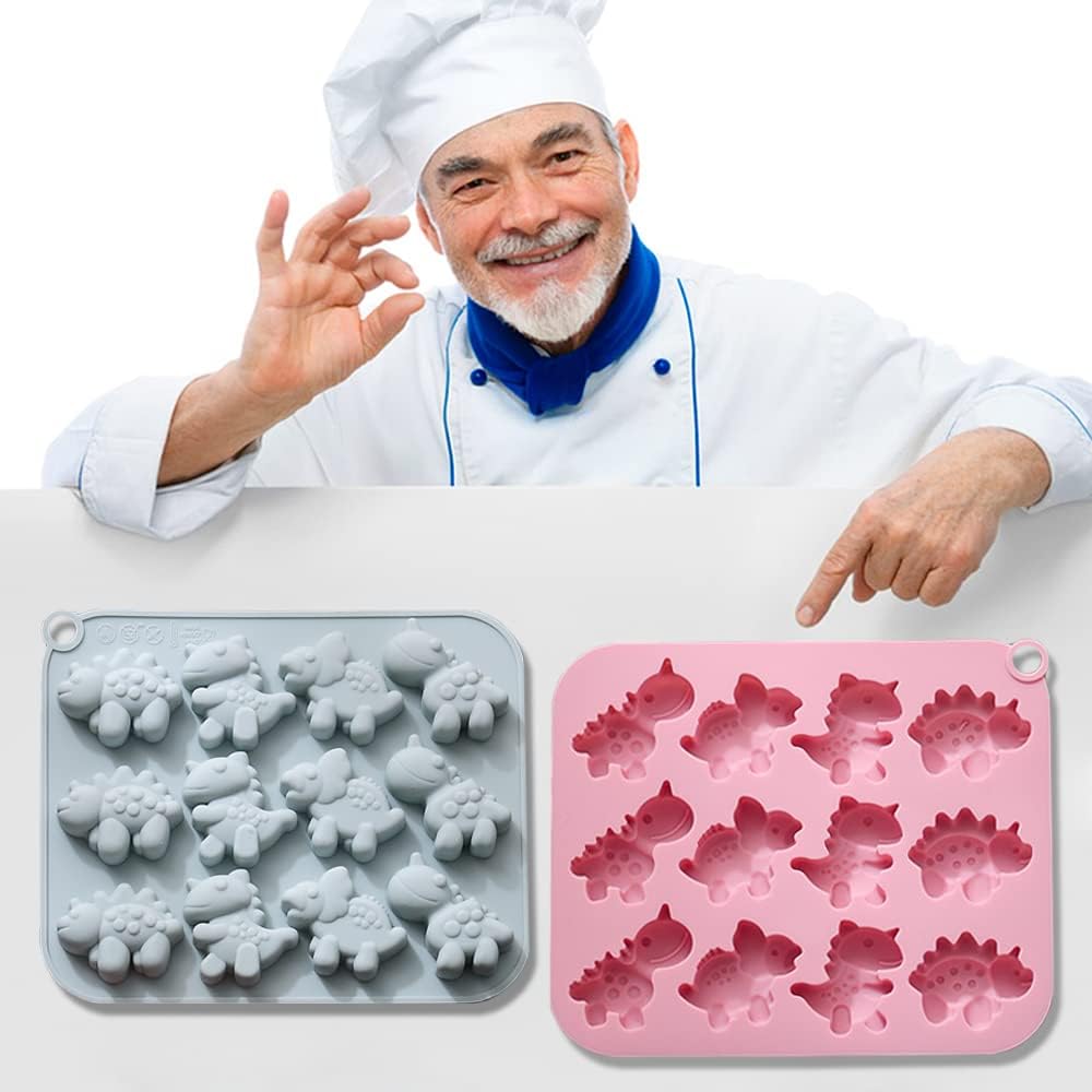 Paquete de 2 moldes de silicona de dinosaurio con 12 cavidades 3D con temática de dinosaurios para hornear, herramienta de horneado para pastel de