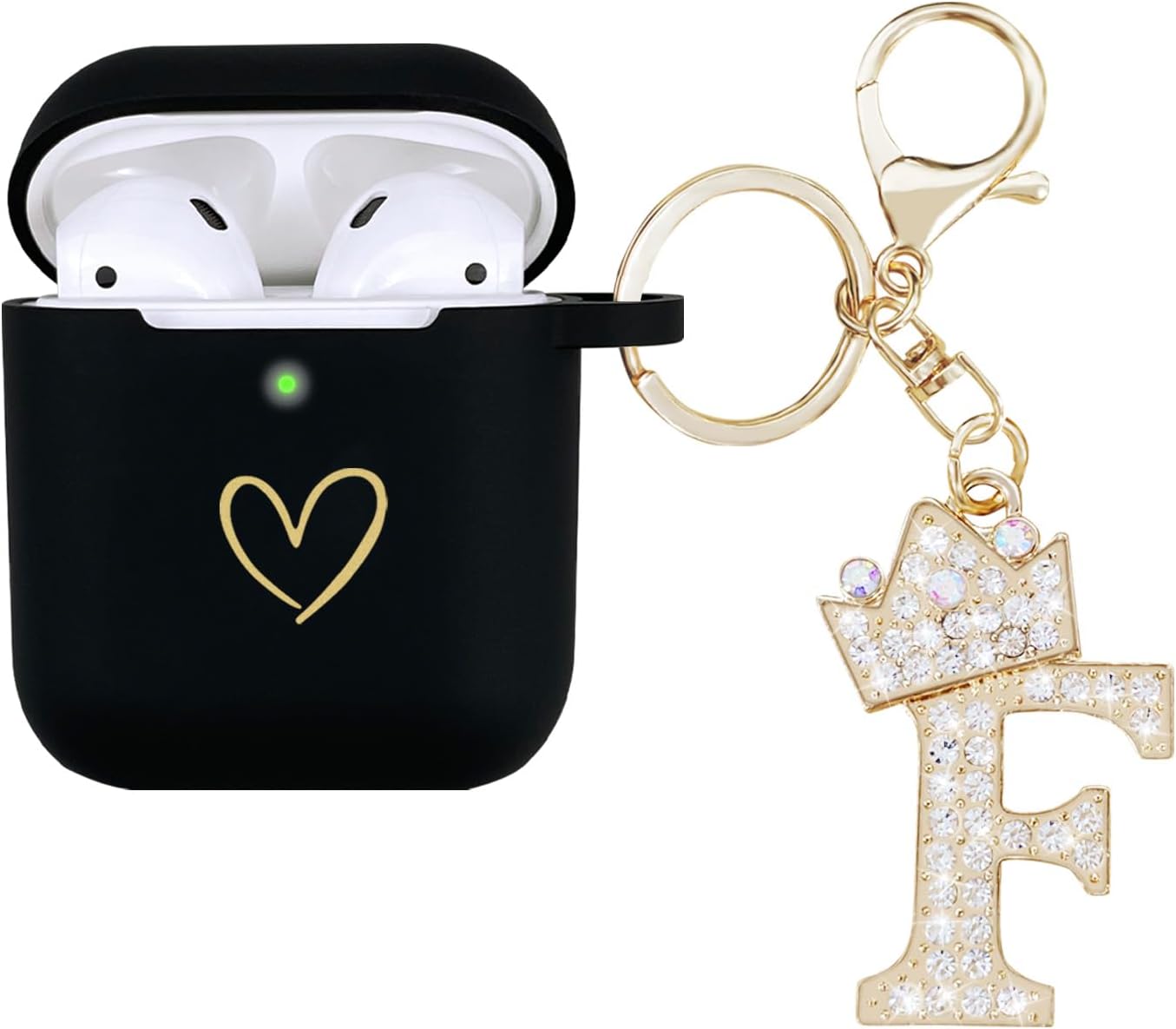 Funda compatible con AirPods, funda de silicona suave con patrón de corazón dorado para AirPods de 2 y 1 generación, con llavero de letra A-Z con