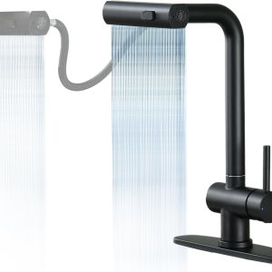 Dornberg Grifo de cocina en cascada con rociador desplegable con línea de agua, montaje de grifo de cocina de acero inoxidable sin plomo con mesa de Dornberg Grifo de cocina en cascada con rociador desplegable con línea de agua, montaje de grifo de cocina de acero inoxidable sin plomo con mesa de