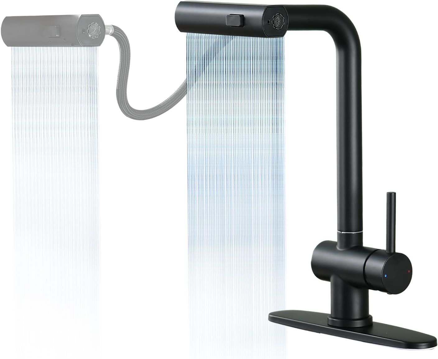 Dornberg Grifo de cocina en cascada con rociador desplegable con línea de agua, montaje de grifo de cocina de acero inoxidable sin plomo con mesa de