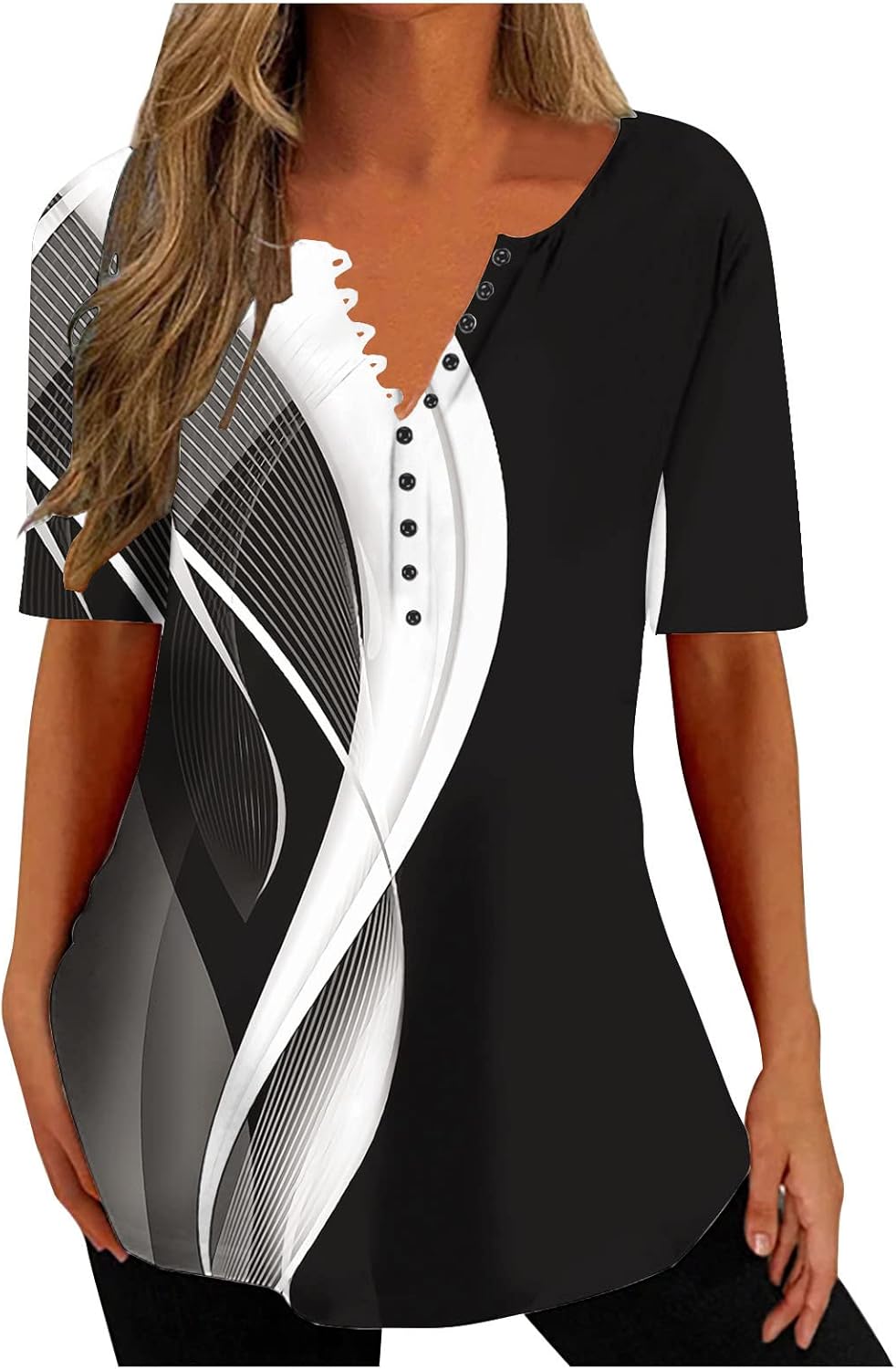 Camisas de verano para mujer, talla grande, manga corta, estilo Henley, estampado floral, con mármol, holgada, estilo casual, túnica elegante